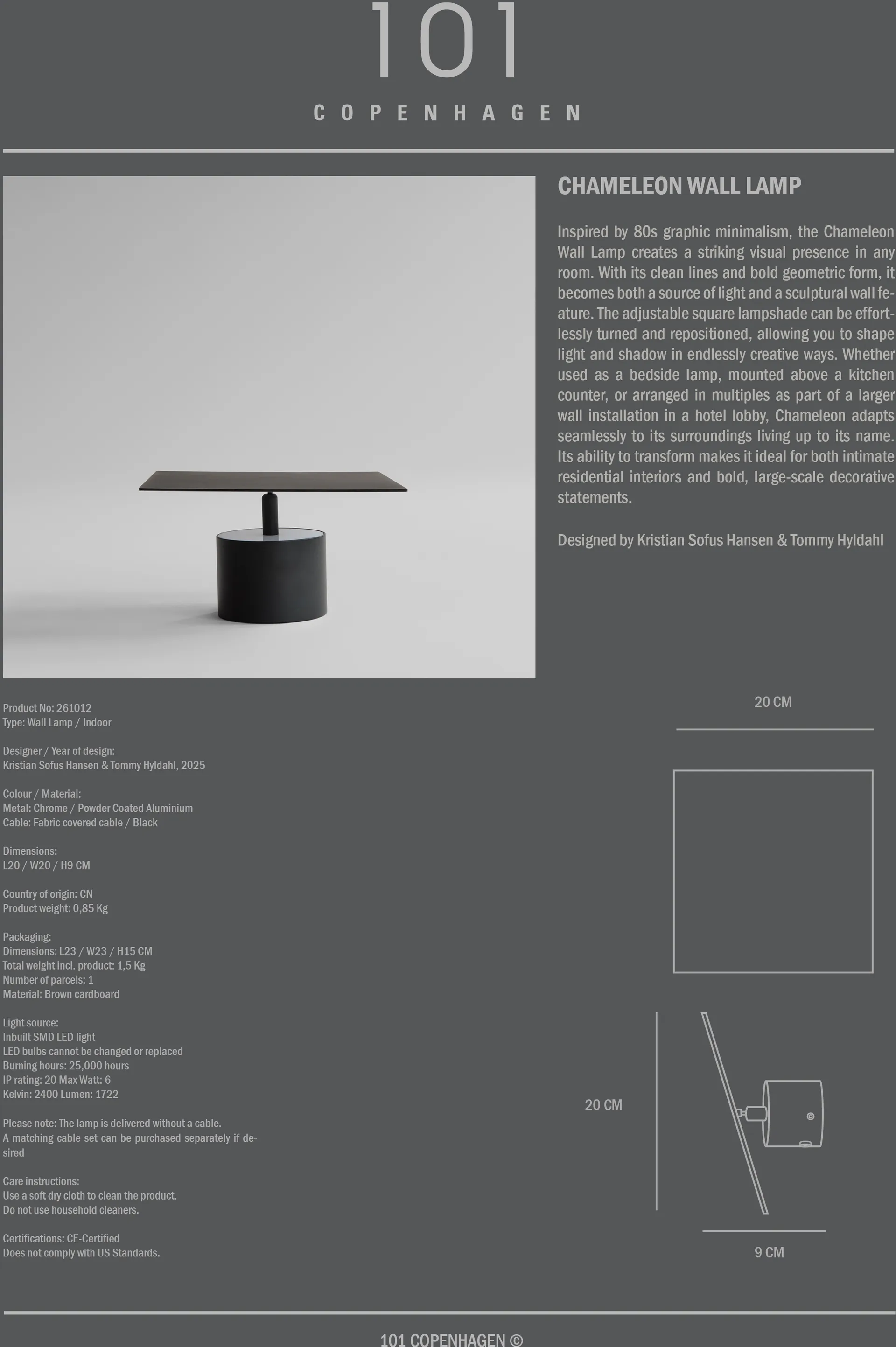 Lampada da parete Chameleon, Burned Black 101 Copenhagen