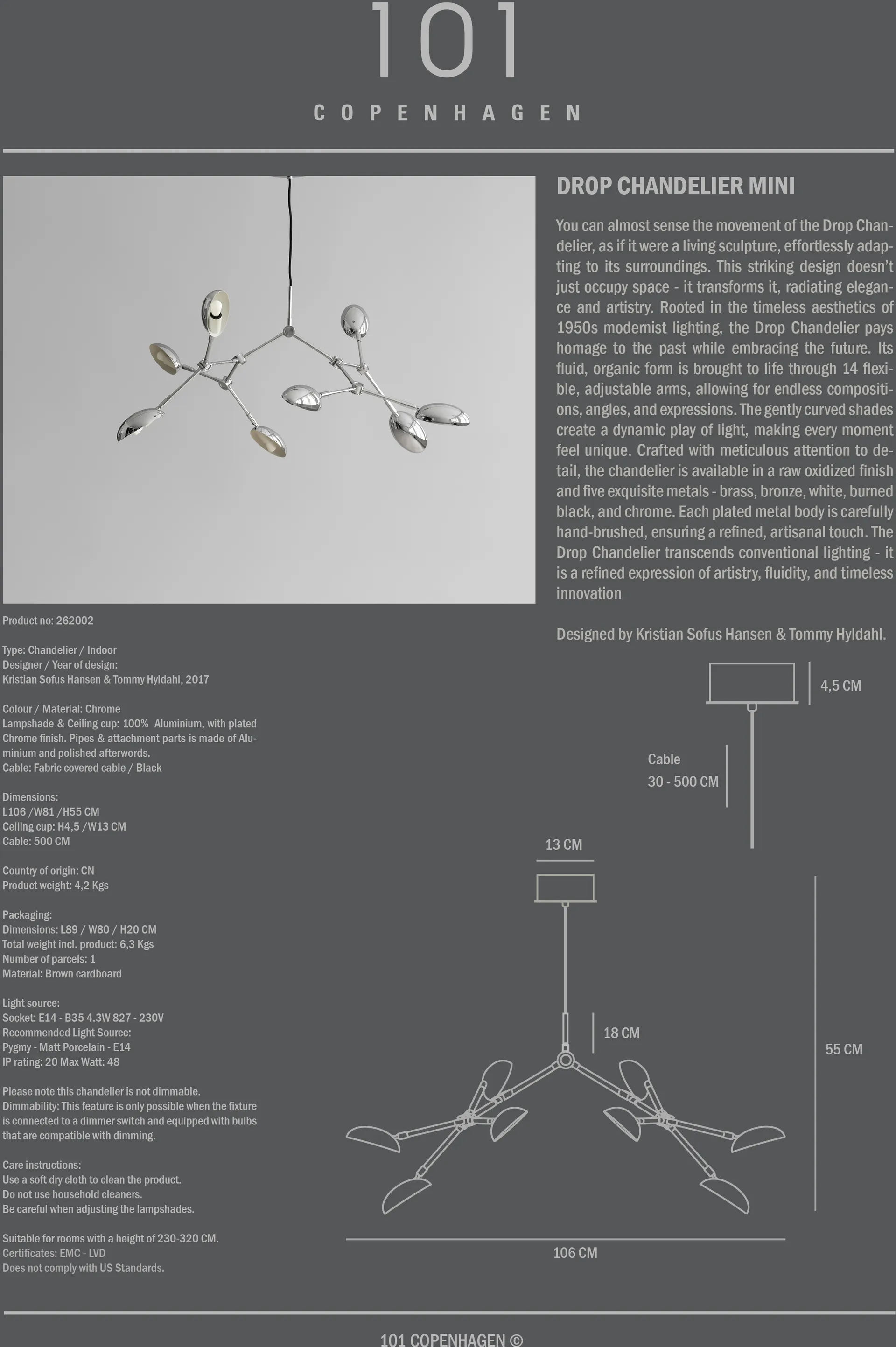 Lampadario Drop Chandelier mini, Chrome 101 Copenhagen