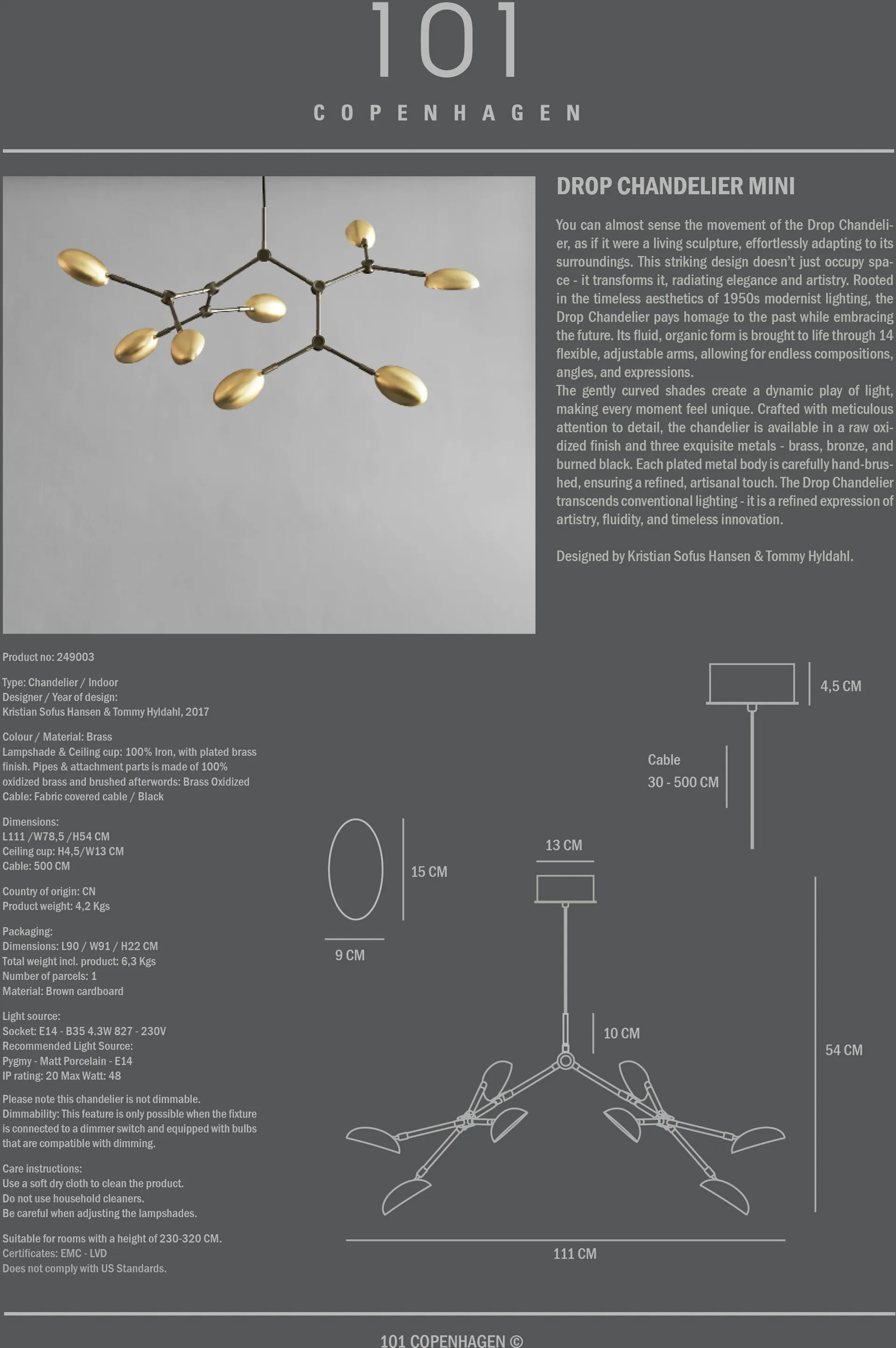 Lampadario Drop Chandelier mini, Ottone 101 Copenhagen