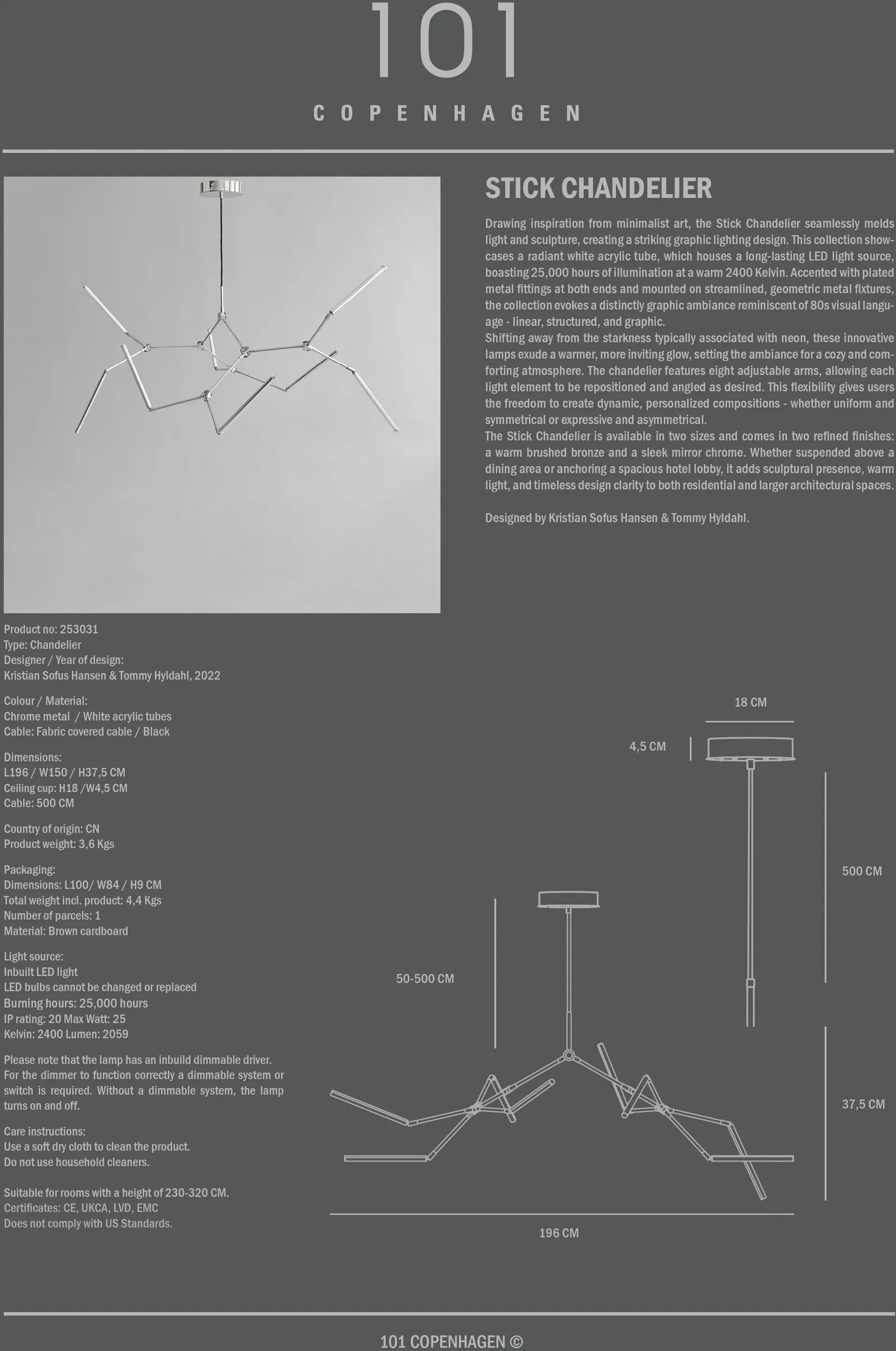 Lampadario Stick Chandelier, Cromo 101 Copenhagen