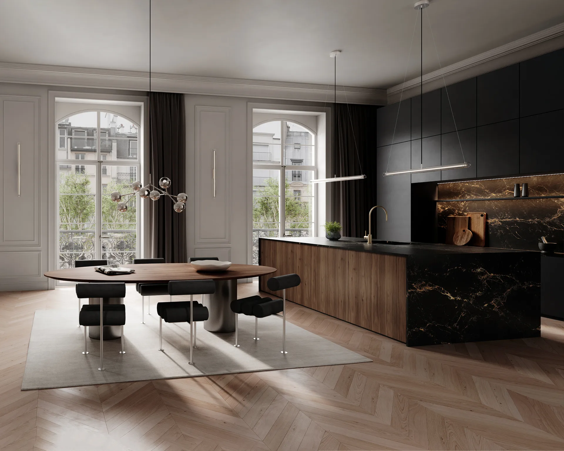 Sedia da pranzo Hiro, Acciaio inox - pelle anilina nera 101 Copenhagen