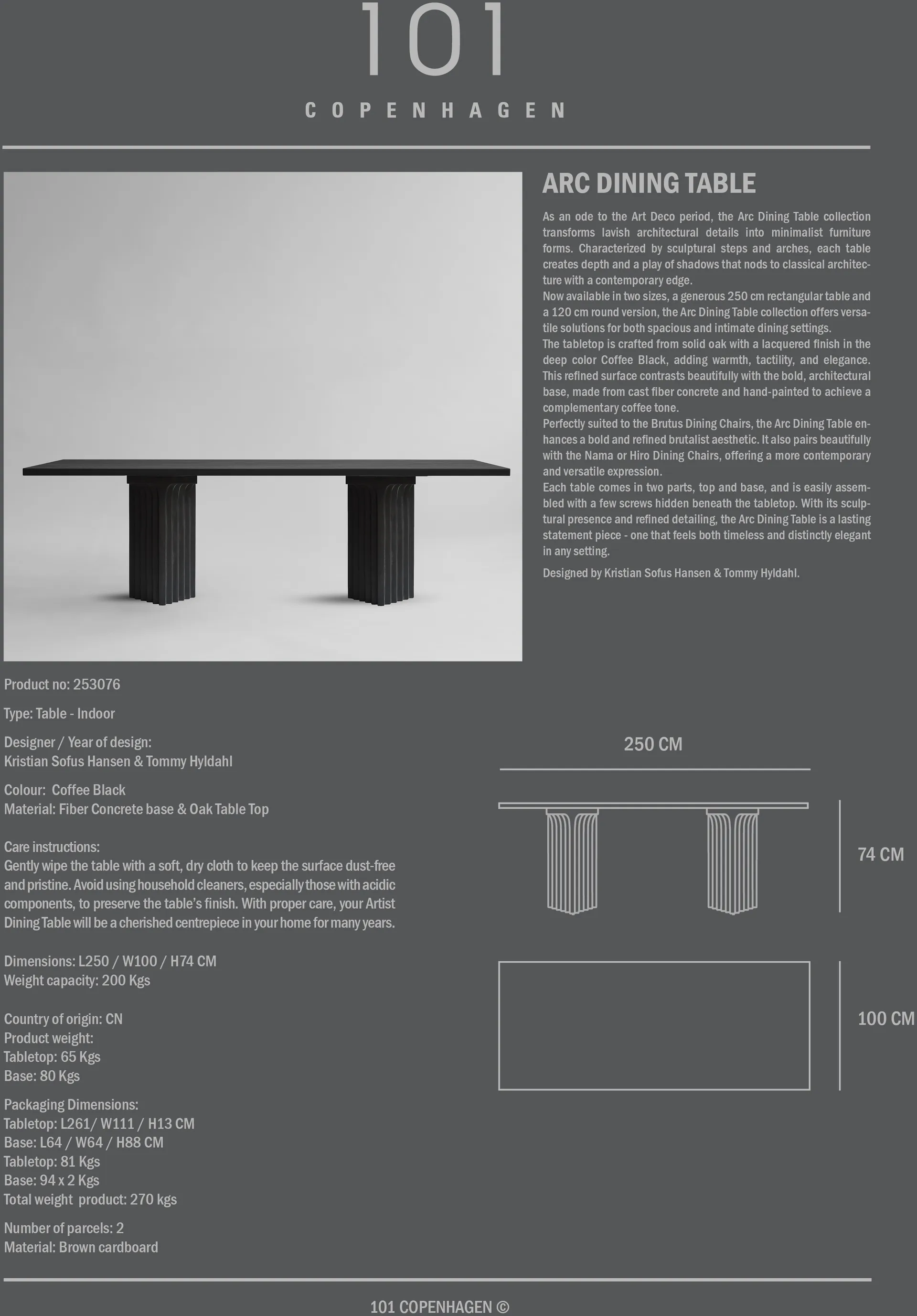 Tavolo da pranzo Arc 95x250 cm, Coffee black oak 101 Copenhagen