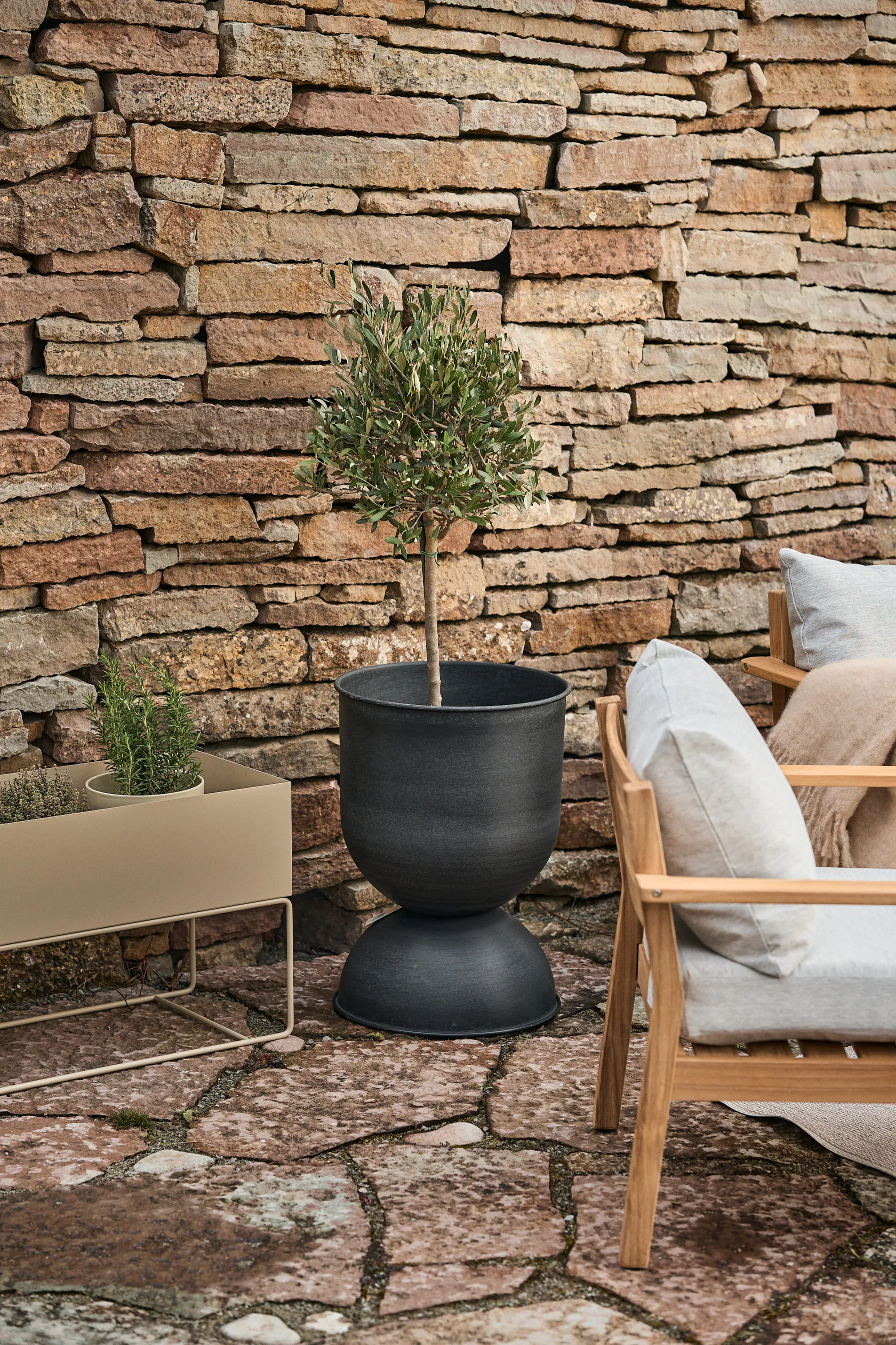 Piccolo albero in un vaso nero a forma di clessidra e fioriera beige contro un rustico muro di pietra.