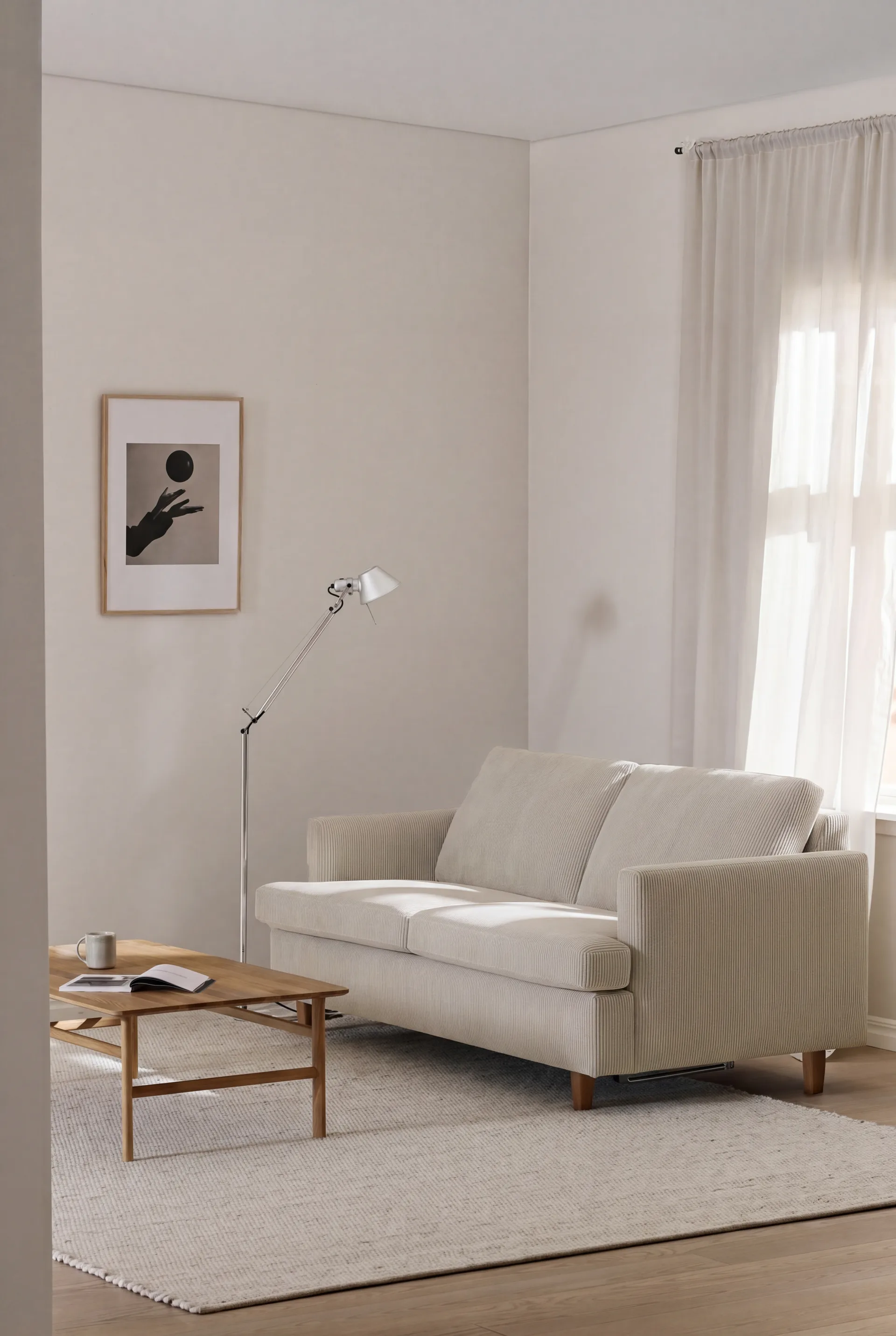 Divano letto Binga a 2,5 posti, Jump Beige 1956-frassino tinto scuro 1898