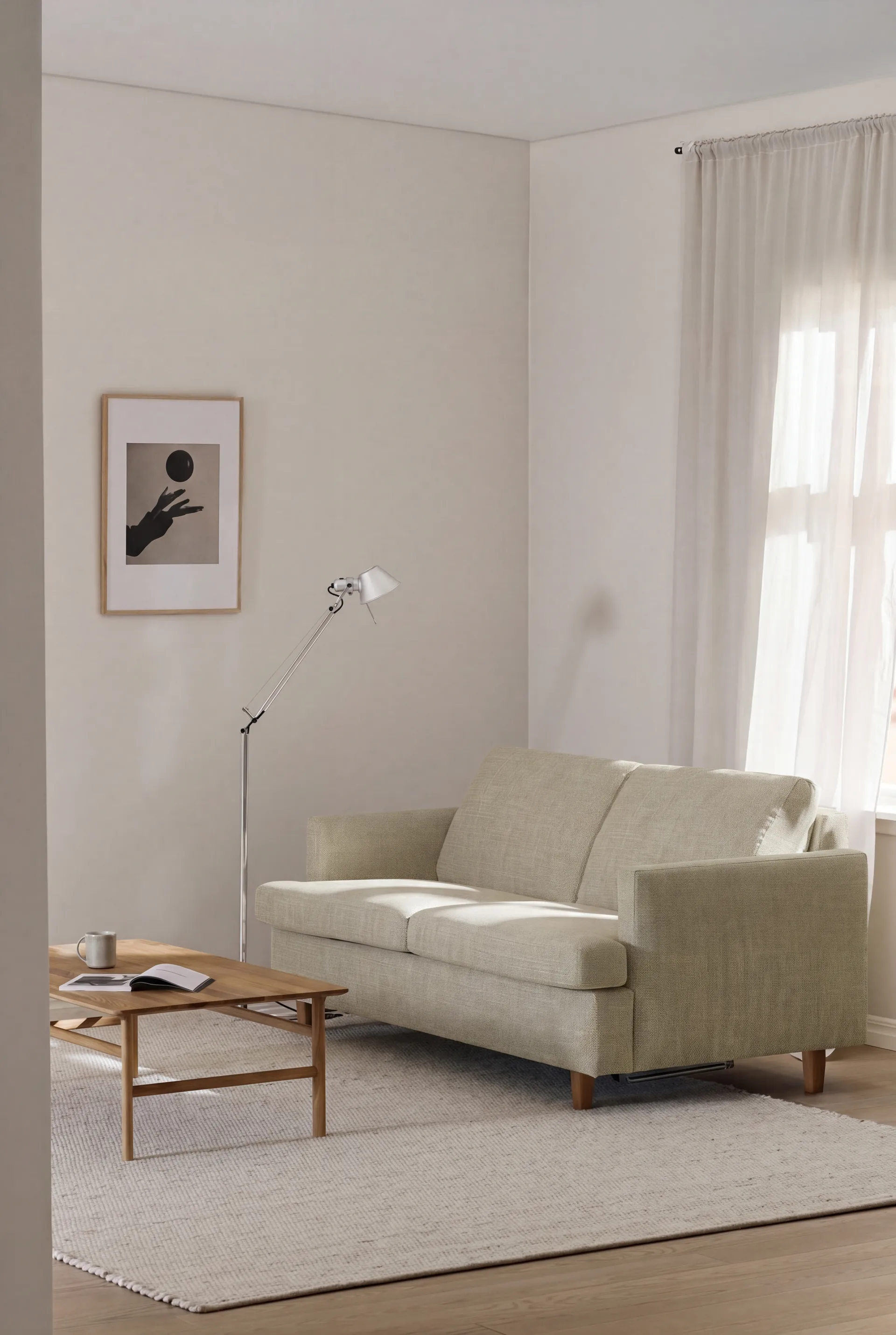 Divano letto Binga a 2,5 posti, Luiza Beige 3981-frassino tinto scuro 1898