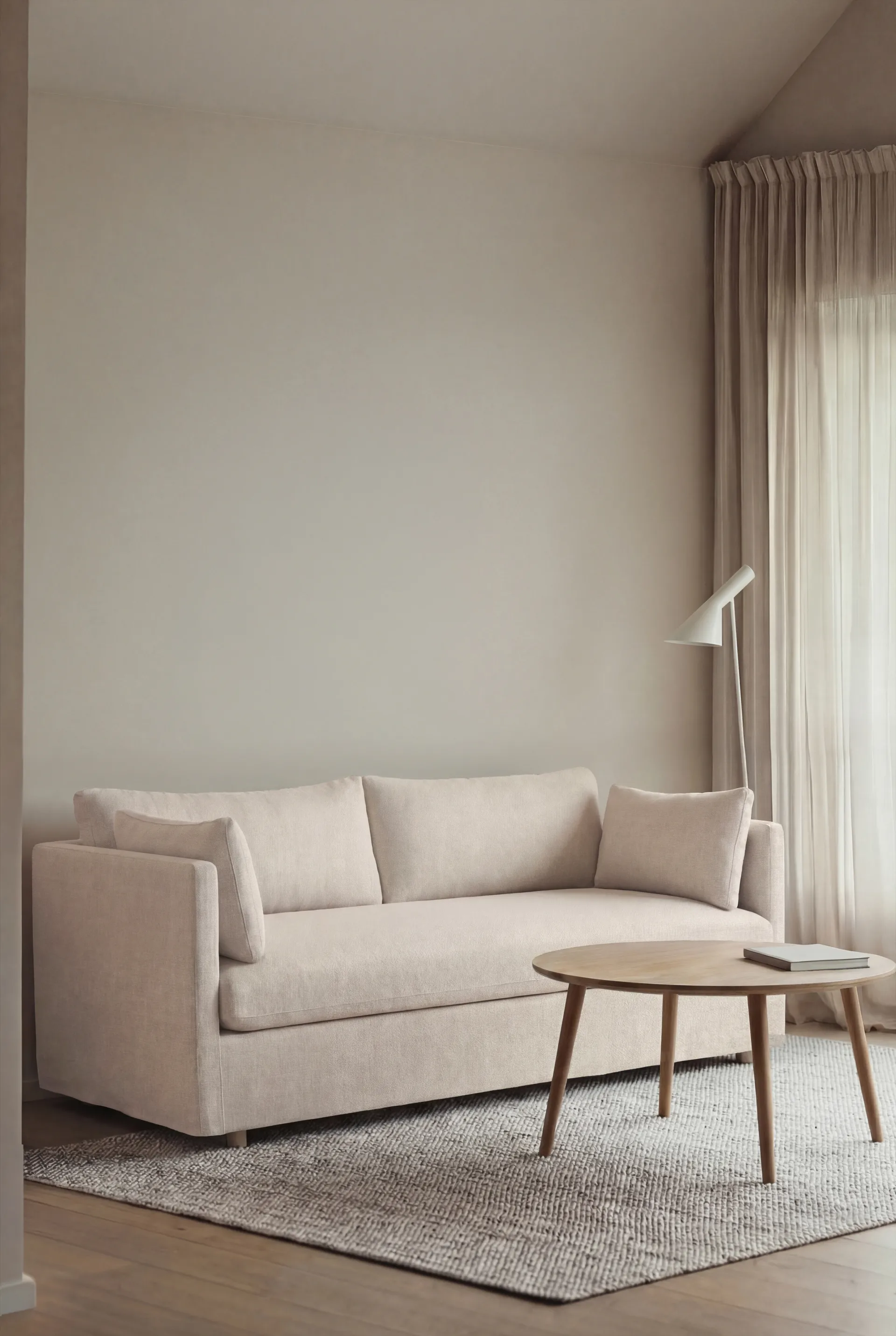 Divano Linnevik, Caleido Beige 9600-rovere oliato bianco, 2 sedute, con gonna 1898