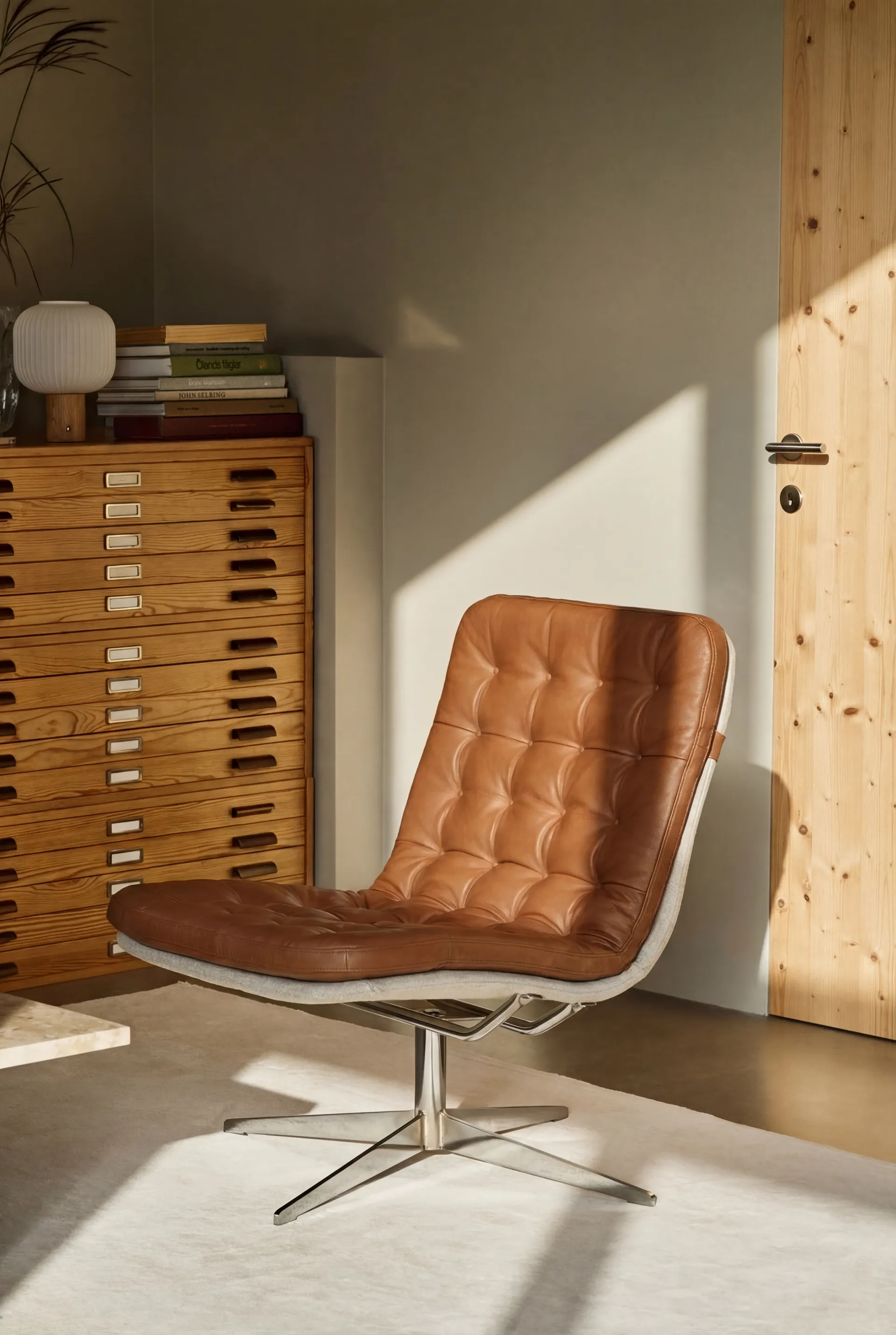 Poltrona Loholm con funzione girevole, Cognac pelle-Bern Beige 0341 1898