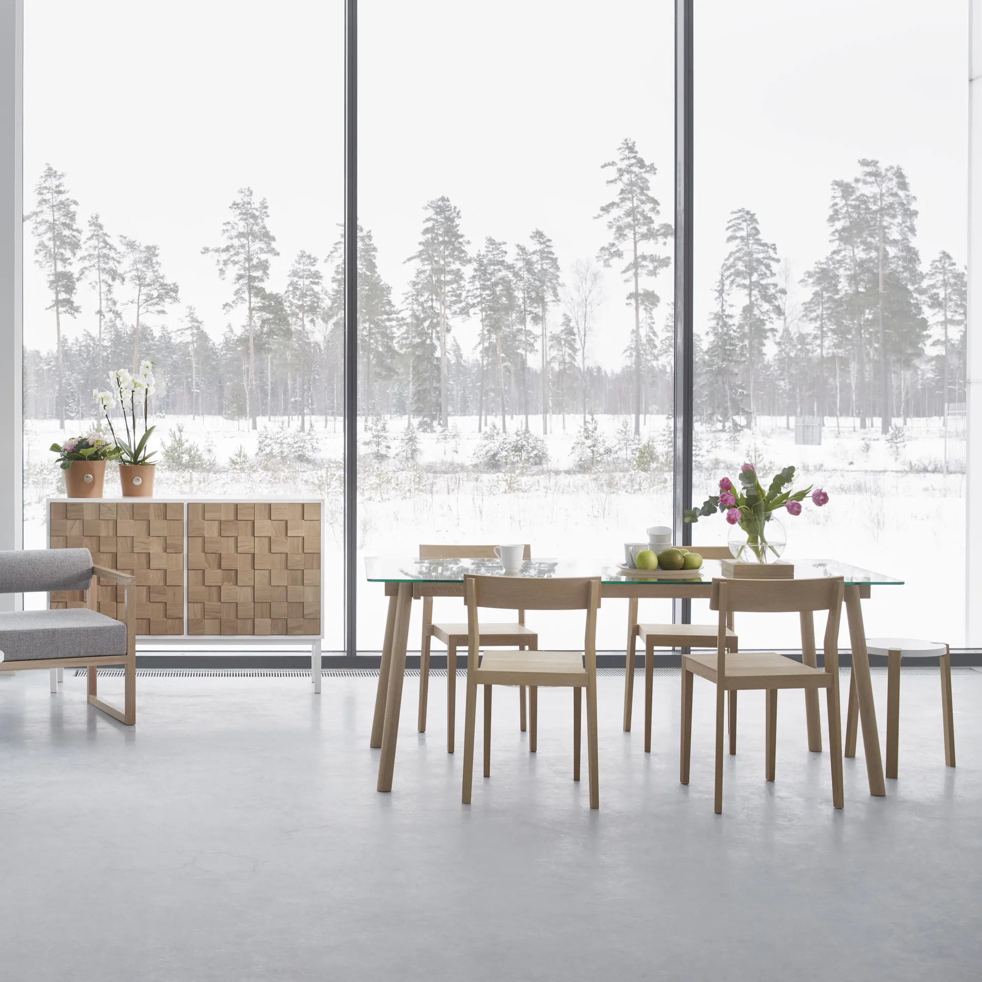 Tavolo da pranzo Corners, Rovere oliato chiaro, vetro A2