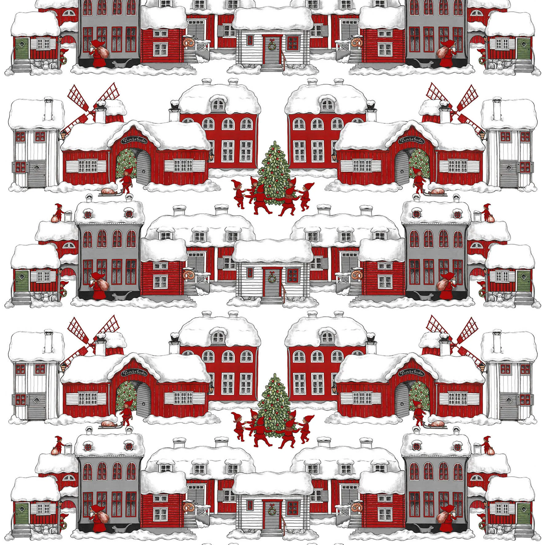 Tessuto Tomteboda, Bianco sporco, rosso Arvidssons Textil