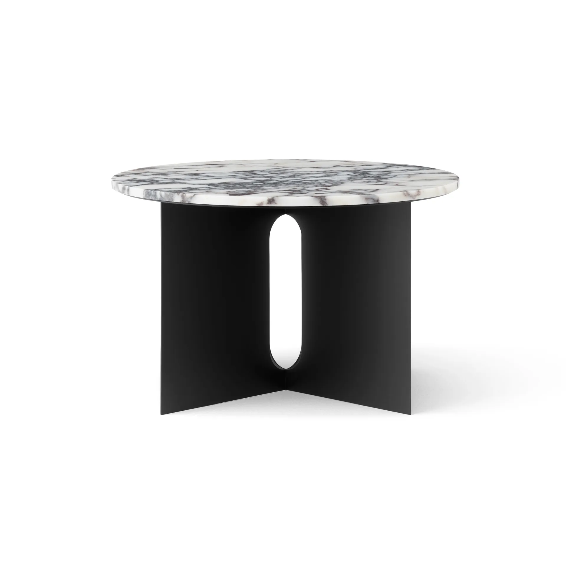 Tavolino Androgyne, Calacatta Viola marmo-acciaio nero, Ø65 cm Audo Copenhagen