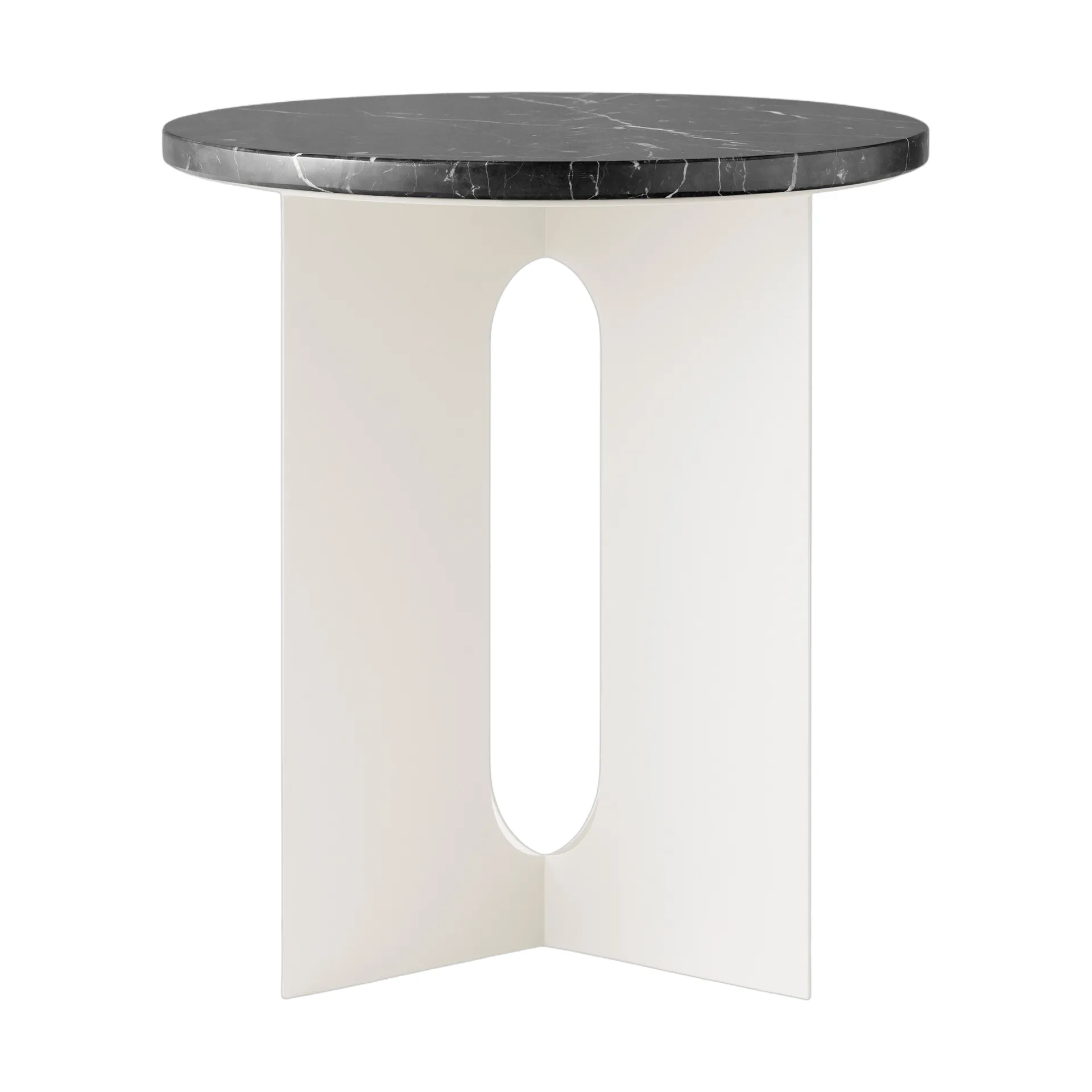 Tavolino Androgyne, Nero Marquina marmo-ivory acciaio, Ø42 cm Audo Copenhagen
