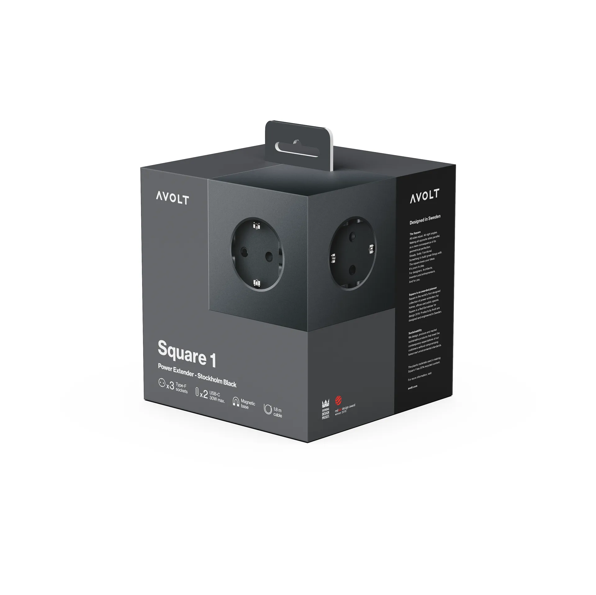 Presa multipla Square 1 USB-C 30W 3 m, Stockholm Black Avolt