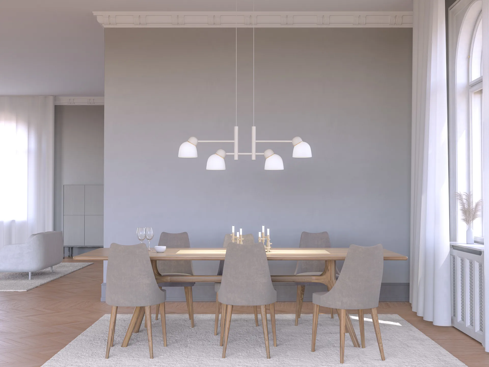 Lampadario Bird 119,3 cm, Sabbia-ottone-vetro opale Belid