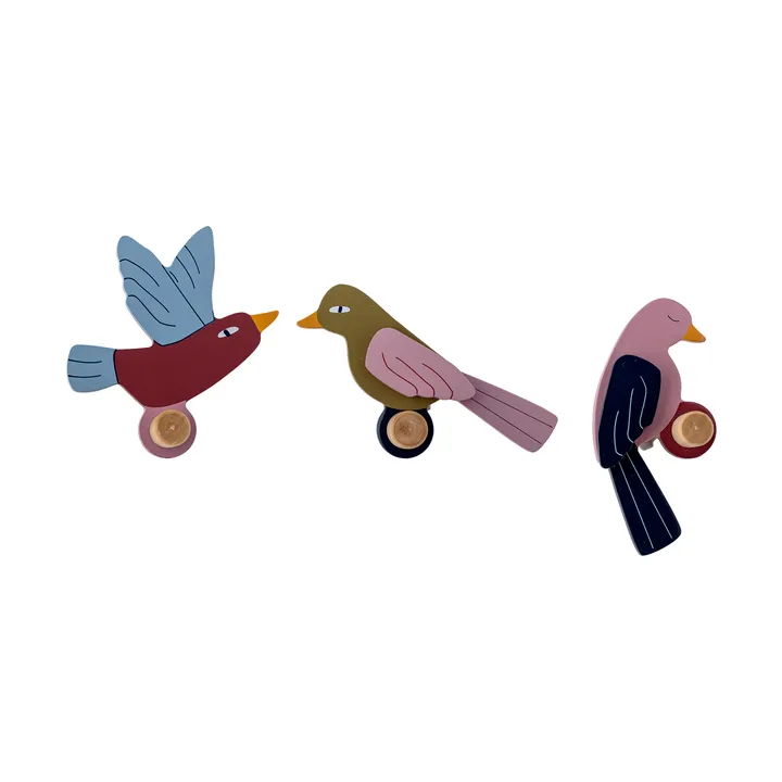 Gancio Lewi, 3 pezzi - Uccelli, blu-rosa - Bloomingville