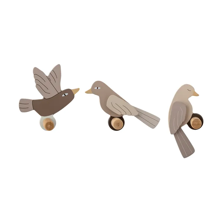 Gancio Lewi, 3 pezzi - Uccelli, marrone - Bloomingville