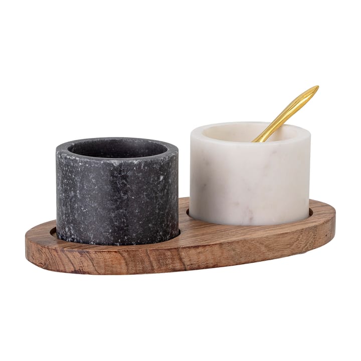 Saliera e pepiera Florio con vassoio e cucchiaio, Nero-bianco Bloomingville