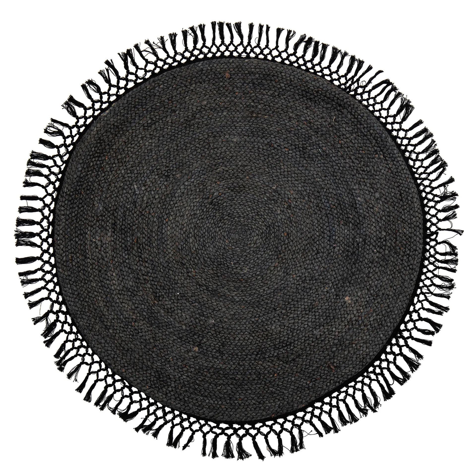 Tappeto Bloomingville in iuta con frange Ø 122 cm, Nero Bloomingville