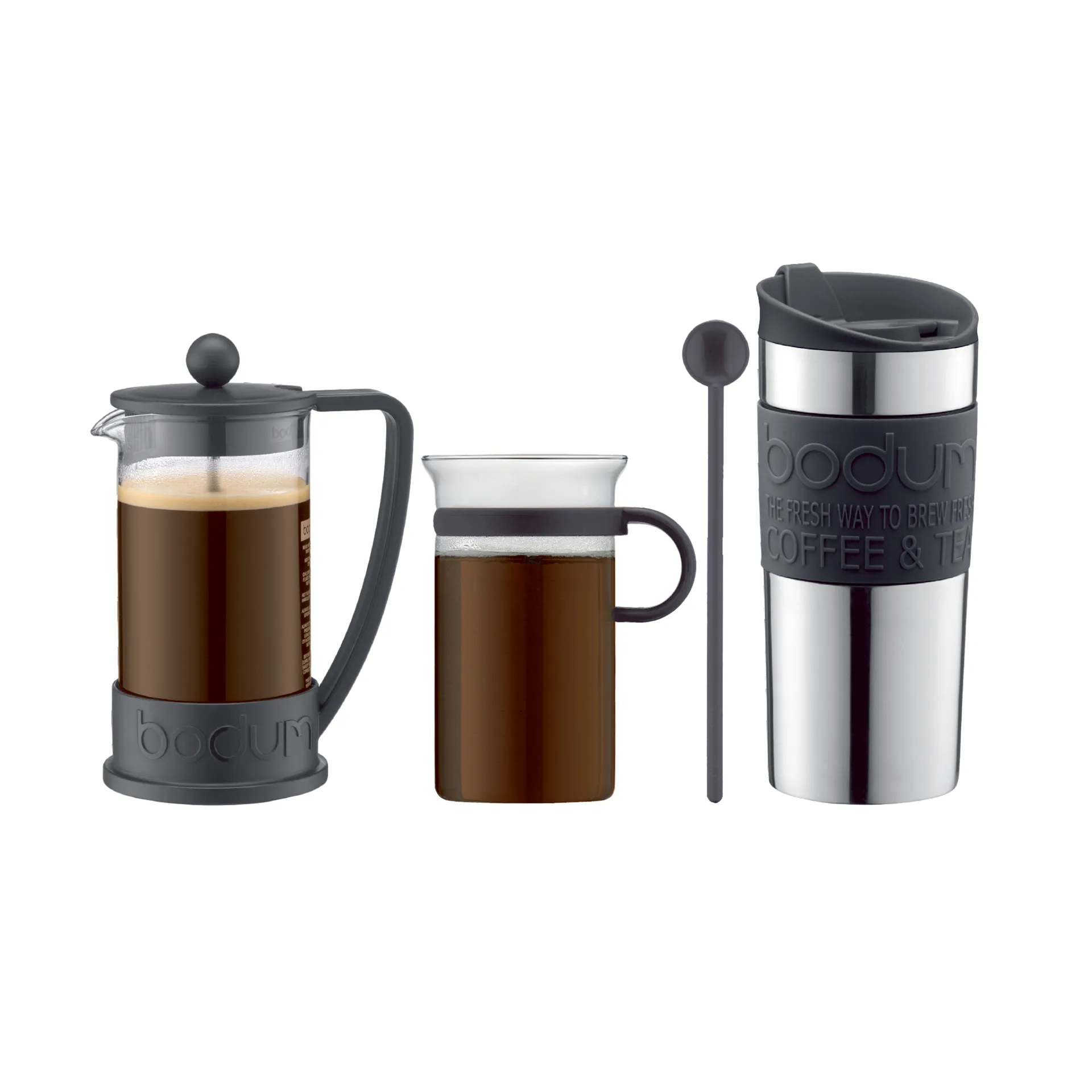Set da caffè con pressa per caffè, tazza, tazza da viaggio e cucchiaio, Nero Bodum