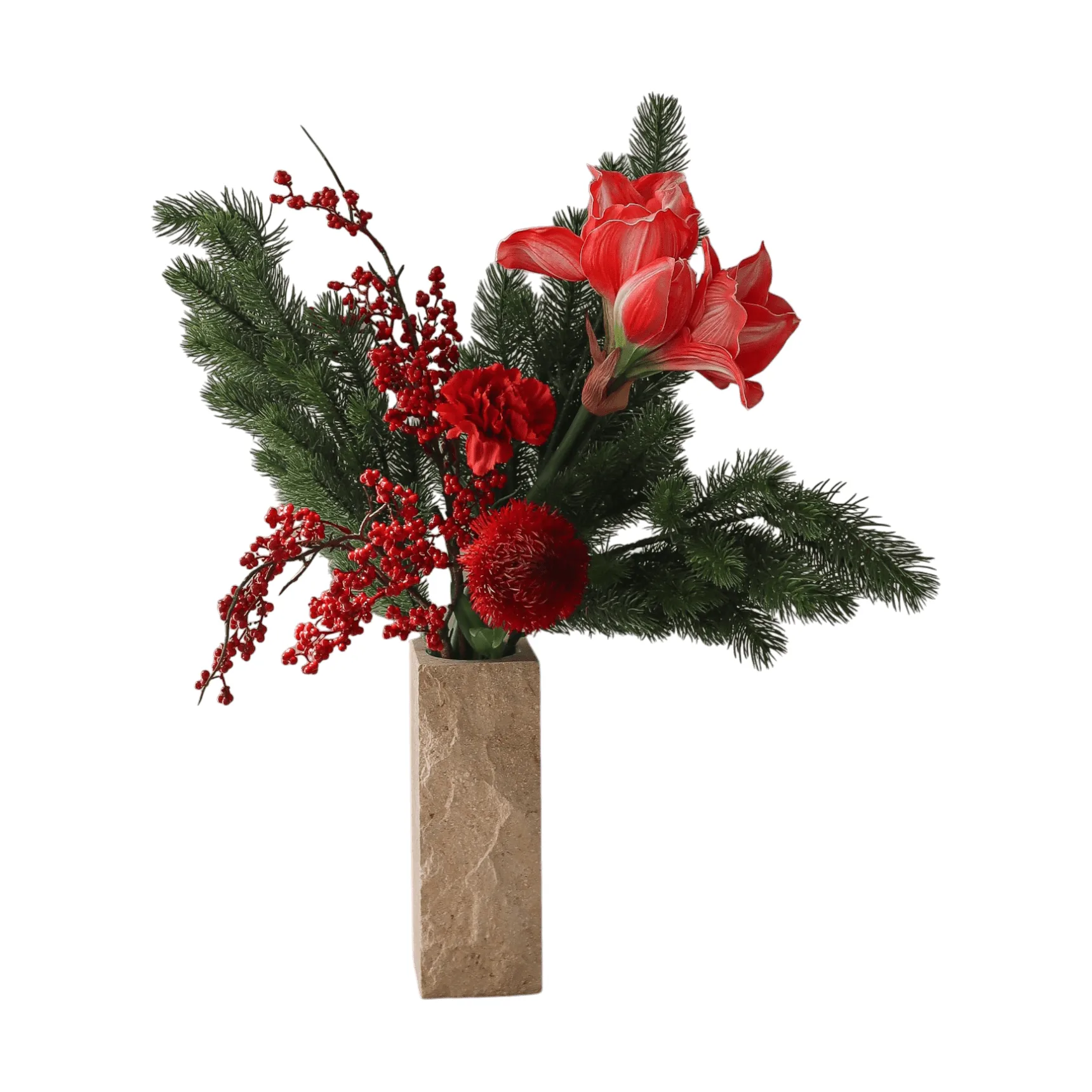 Bouquet artificiale Red Spritz, Amaryllis, garofani, rami di bacche, rami di abete, 72 cm Botané
