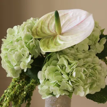Bouquet di fiori artificiali Dewdrop Symphony - Ortensia verde chiaro anthurium-amaranto 6 pz - Botané