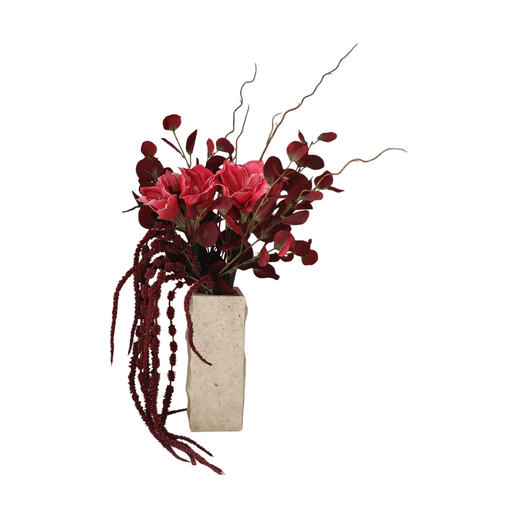 Deep bloom bouquet artificiale, Amarillide, eucalipto, amaranto, rami, 120 cm Botané