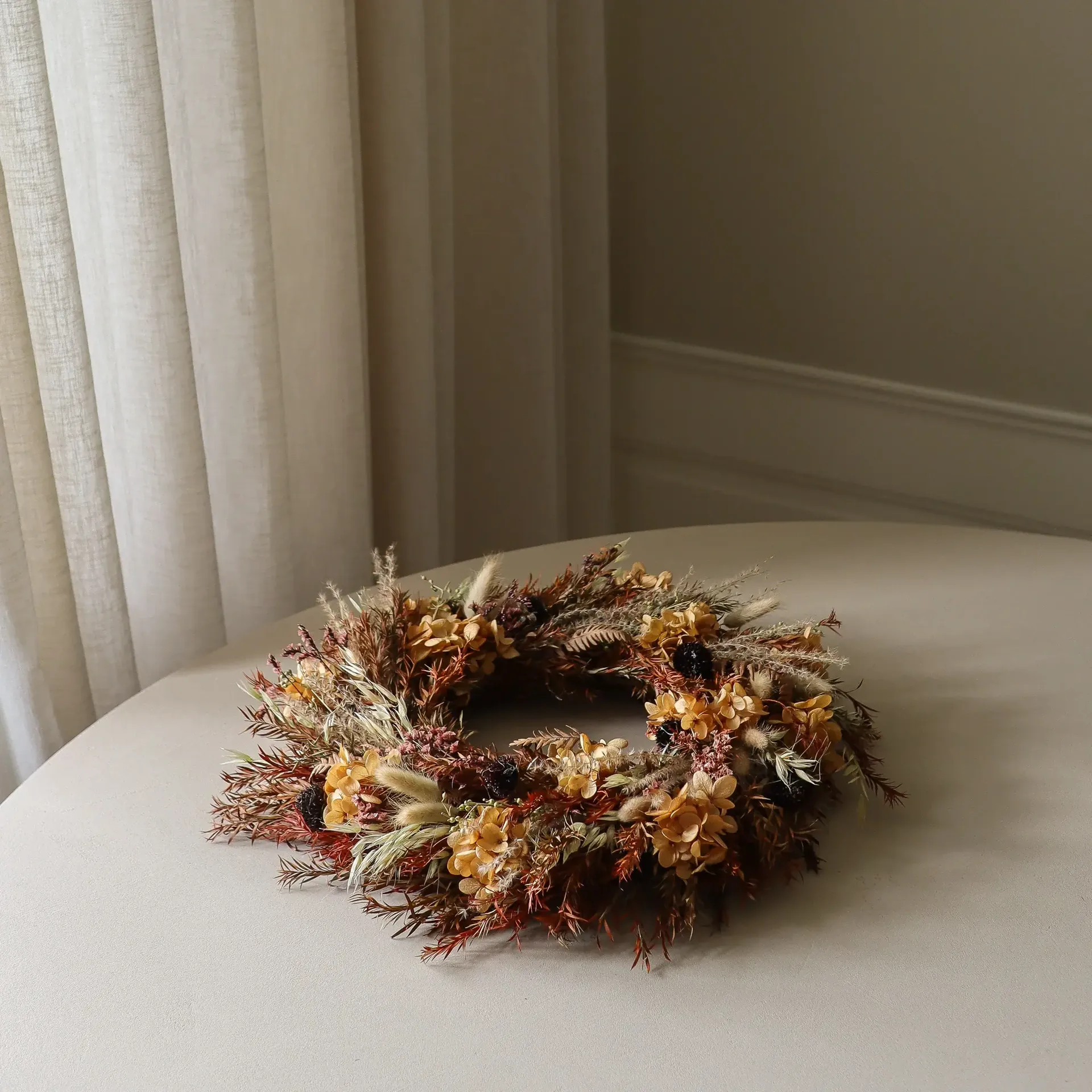 Golden Meadow Wreath ghirlanda, Ortensia-erba secca-felce-orecchie di lepre, Ø40 cm Botané