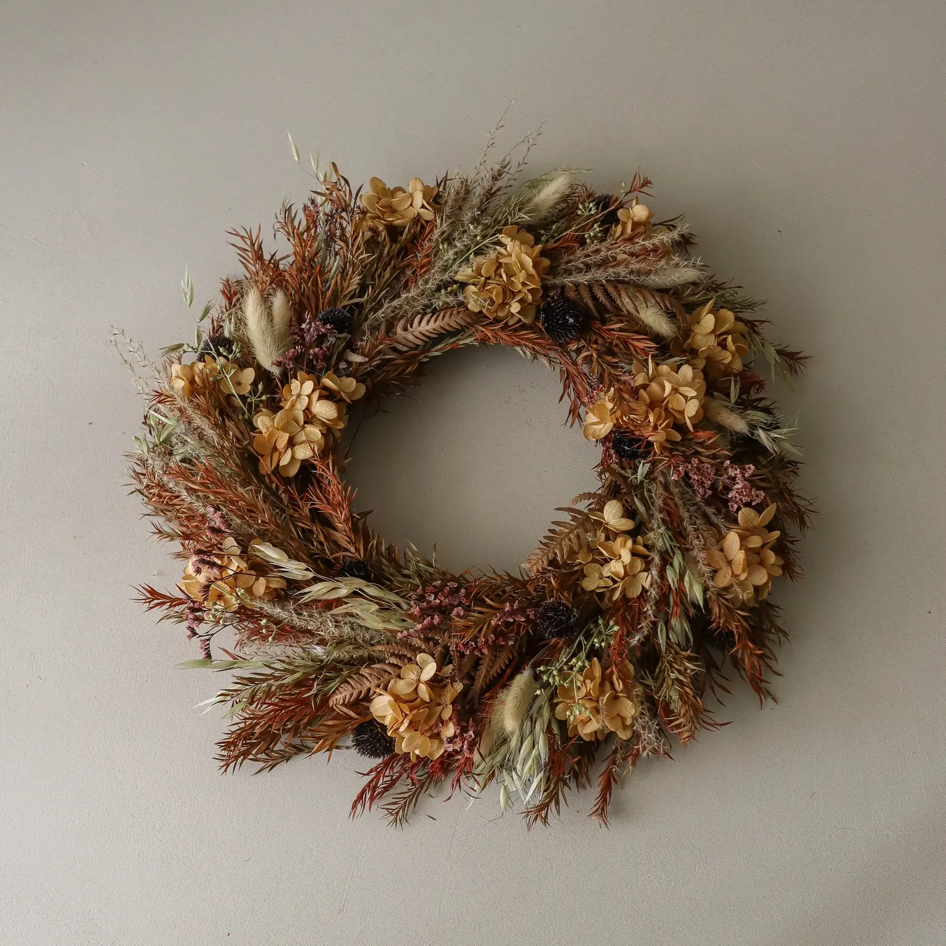 Golden Meadow Wreath ghirlanda, Ortensia-erba secca-felce-orecchie di lepre, Ø40 cm Botané