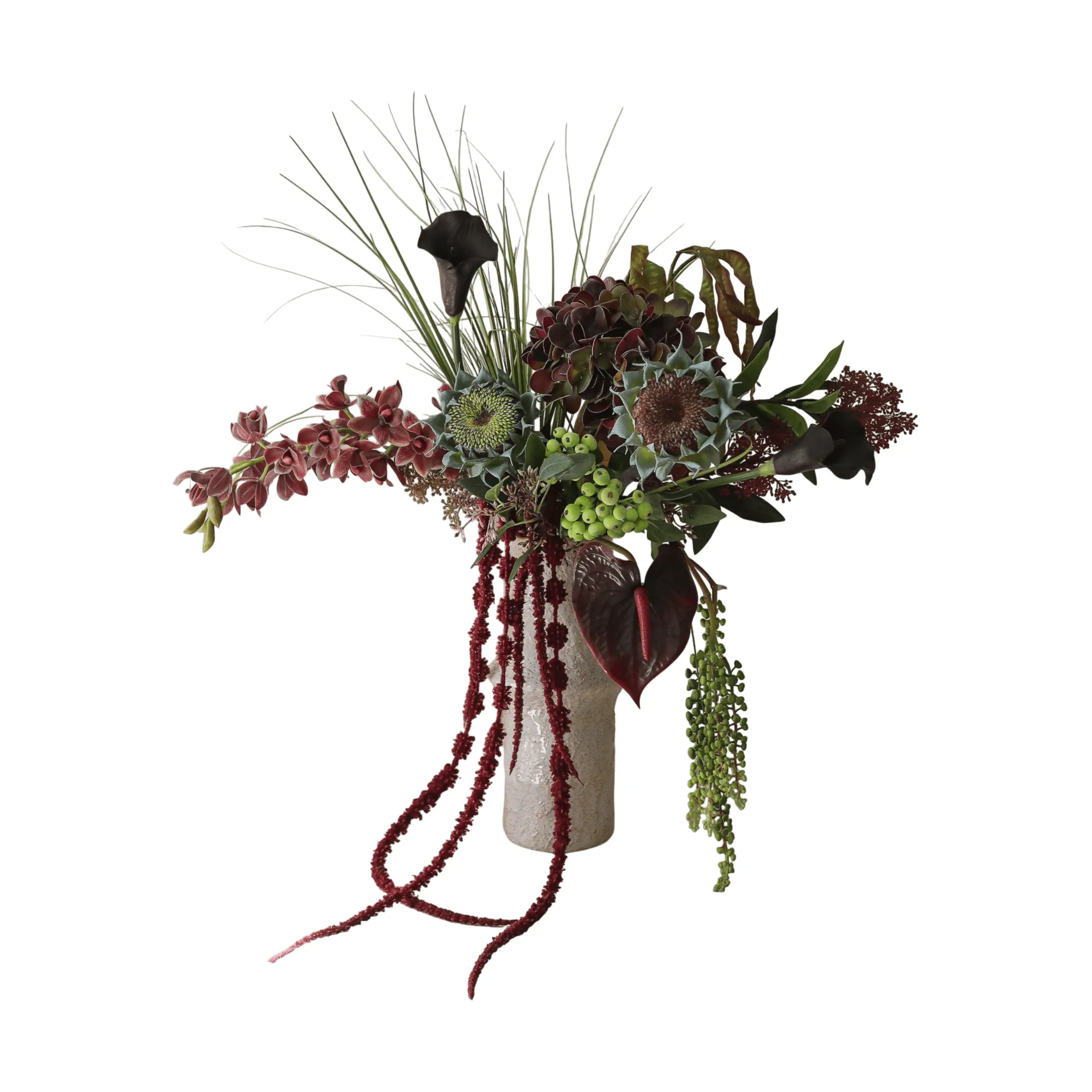 Woodland Nocturne bouquet artificiale, Calla–anthurium–ortensia–girasole autunnale, 112 cm, 14 pz Botané