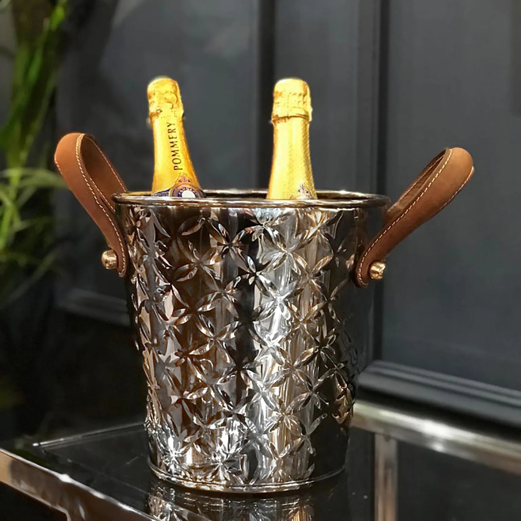 Secchiello per vino French Fleur con manico in pelle, Acciaio inossidabile Culinary Concepts