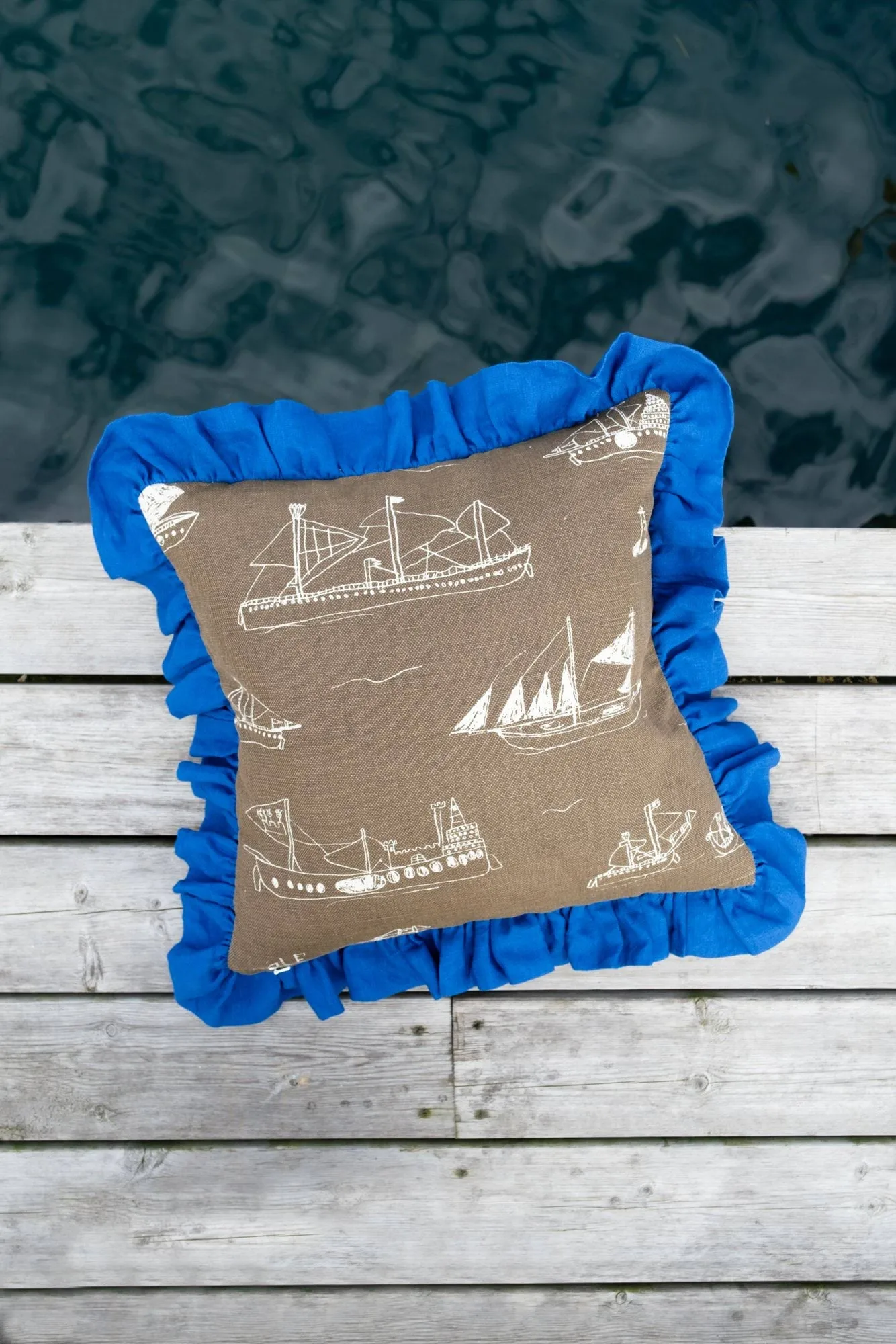 Ohoy federa per cuscino, Marrone-naturale-blu, 48x48 cm Fine Little Day