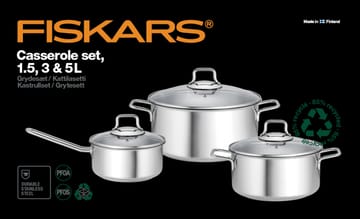 Set pentole e casseruole Fiskars con coperchio in vetro 3 pezzi - Acciaio inossidabile - Fiskars