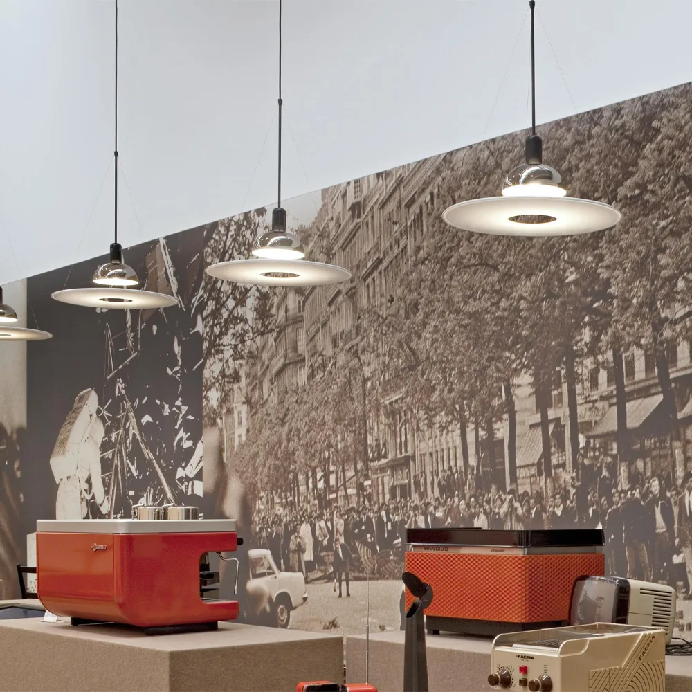 Lampada a sospensione Frisbi, Vetro opale bianco Flos