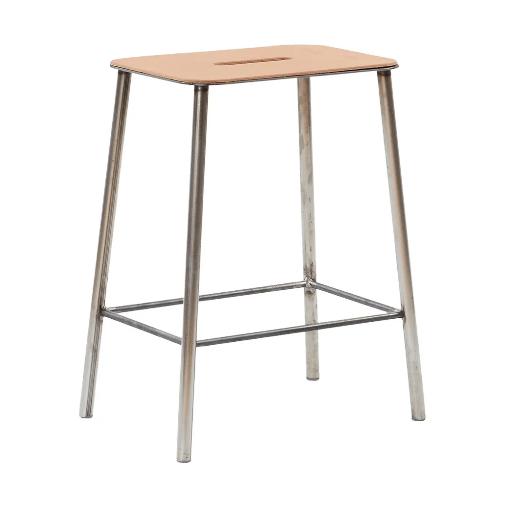 Sgabello Adam, Raw steel-natural leather, H:50 cm FRAMA