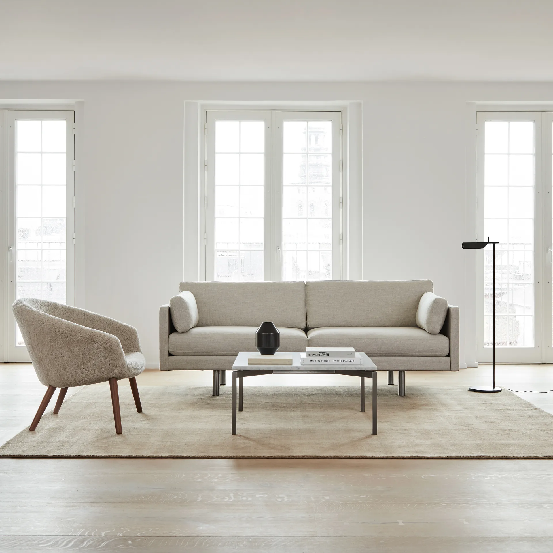 Poltrona lounge Ditzel in pelle di pecora, Moonlight-noce Fredericia Furniture