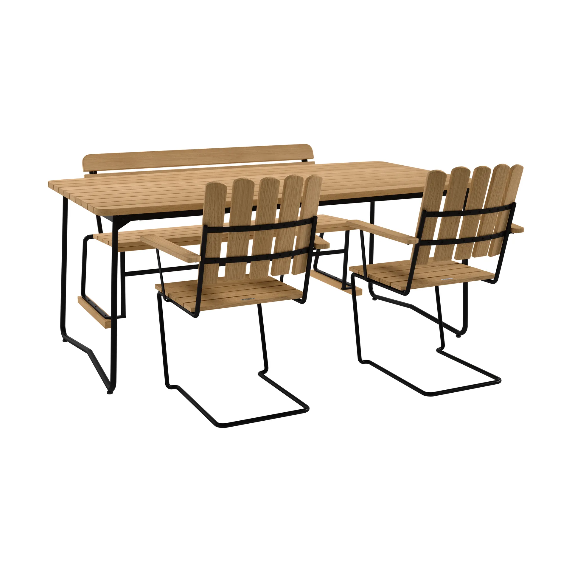 B31 tavolo 170 cm + 2 poltrone A2 + divano 3 posti, rovere oliato-telaio nero Grythyttan Stålmöbler