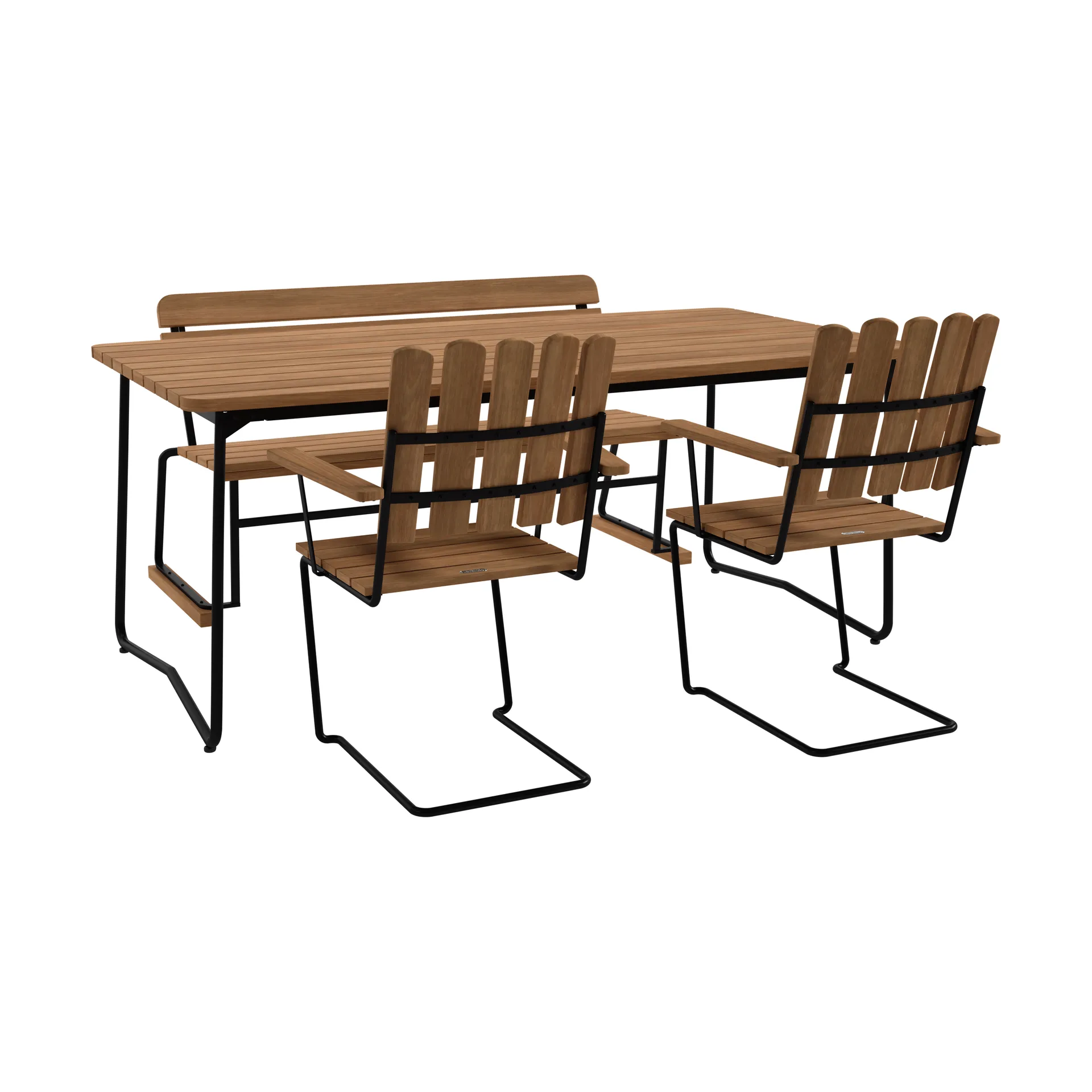B31 tavolo 170 cm + 2 poltrone A2 + divano 3 posti, teak-struttura nera Grythyttan Stålmöbler