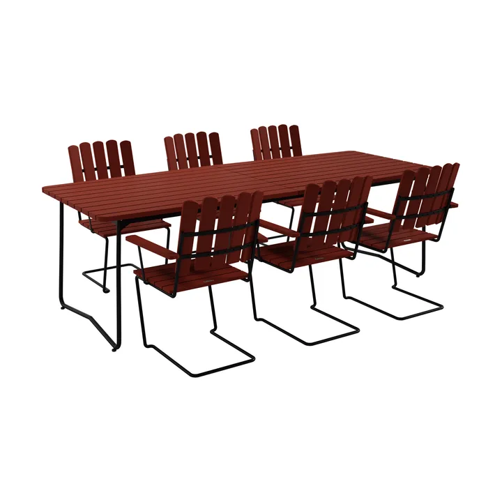B31 tavolo 230 cm + 6 poltrone A2, quercia scura-rosso scuro–struttura nera - Grythyttan Stålmöbler