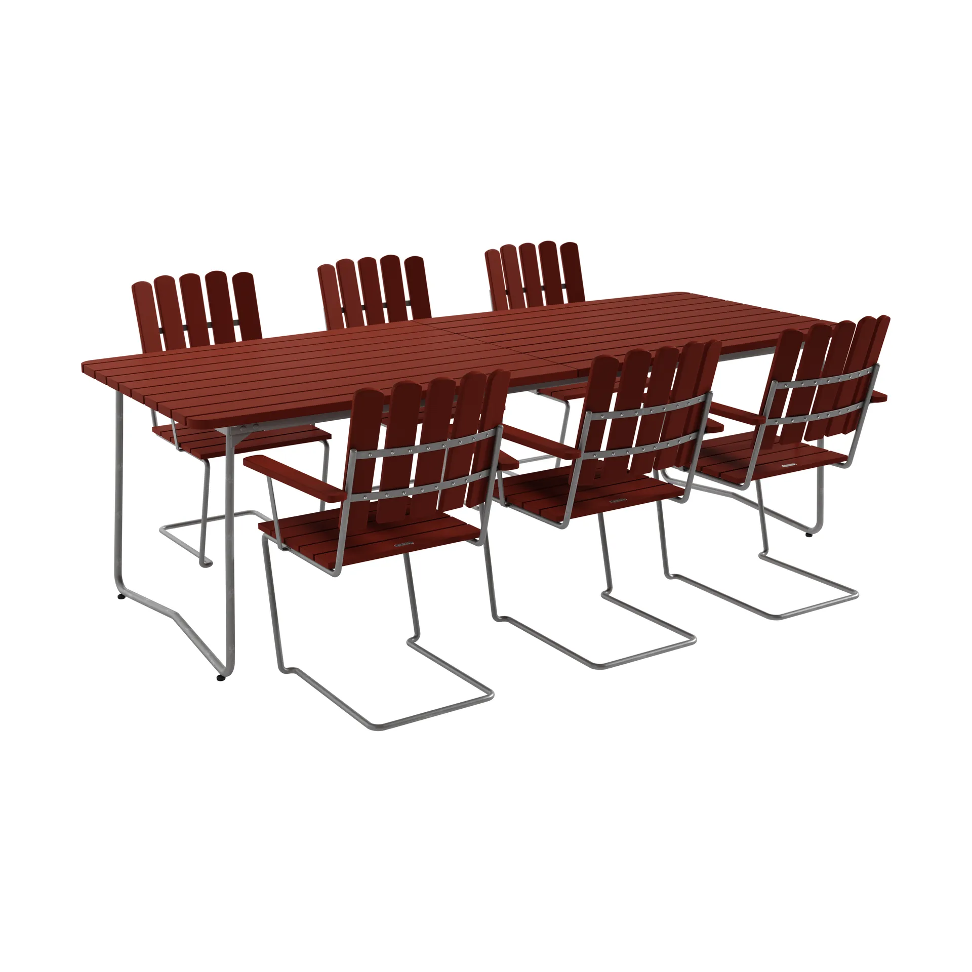 B31 tavolo 230 cm + 6 poltrone A2, rosso scuro-telaio zincato a caldo,  Grythyttan Stålmöbler