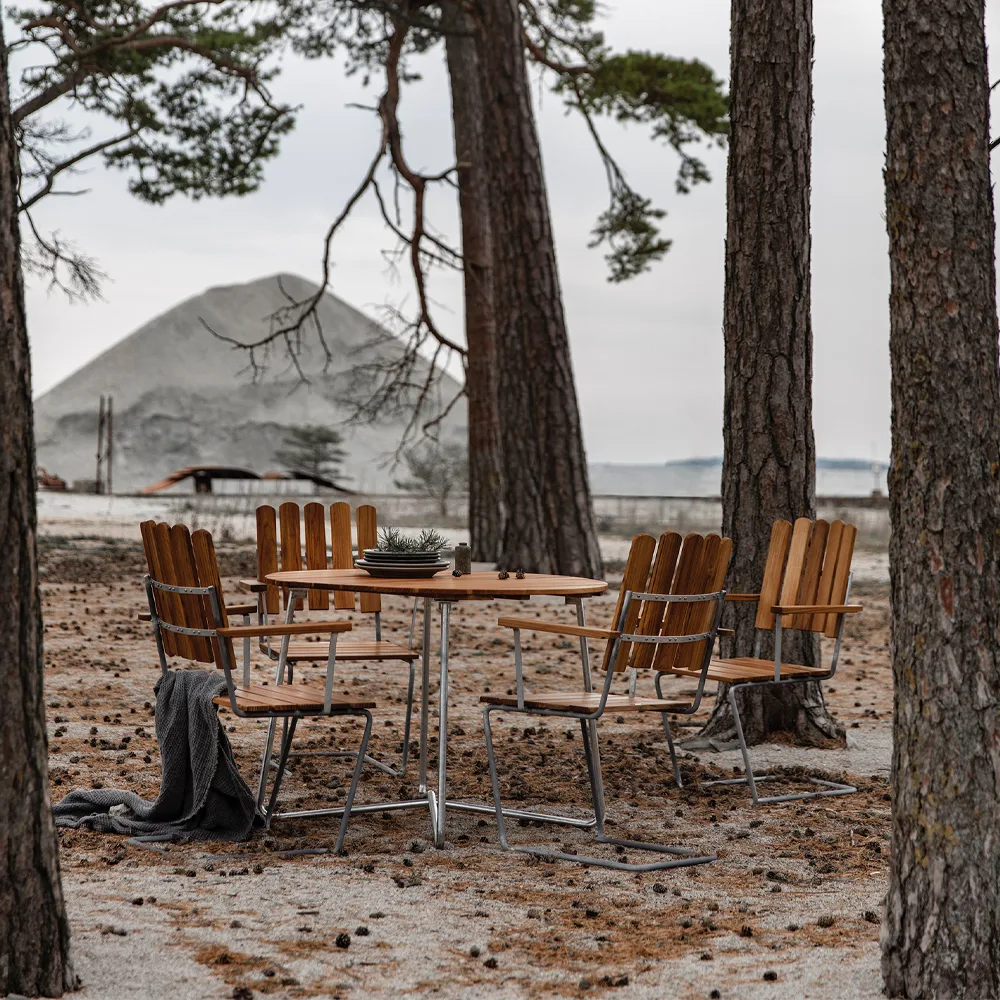 Tavolo da pranzo 9A, Teak-supporto zincato a caldo Ø100 cm Grythyttan Stålmöbler