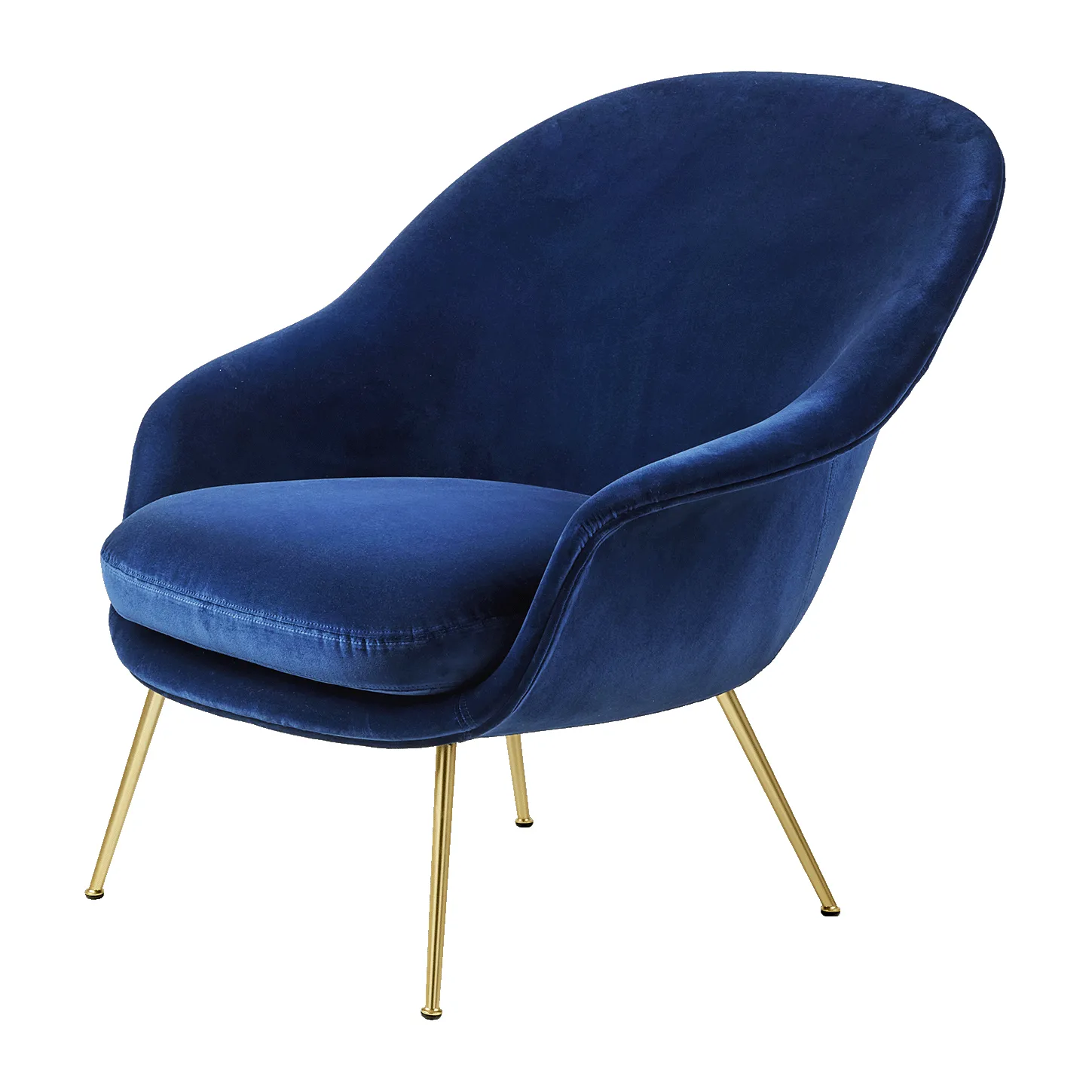 Sedia Bat Lounge, schienale basso, base conica, Velvet 420 sapphire, blue, ottone GUBI