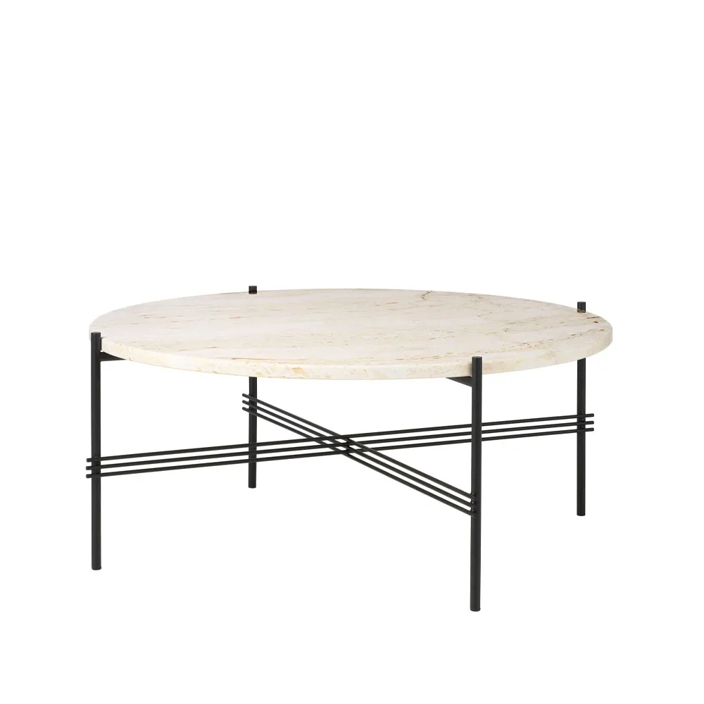 Tavolino TS Round, travertino bianco naturale, Ø 80 cm, base in ottone GUBI