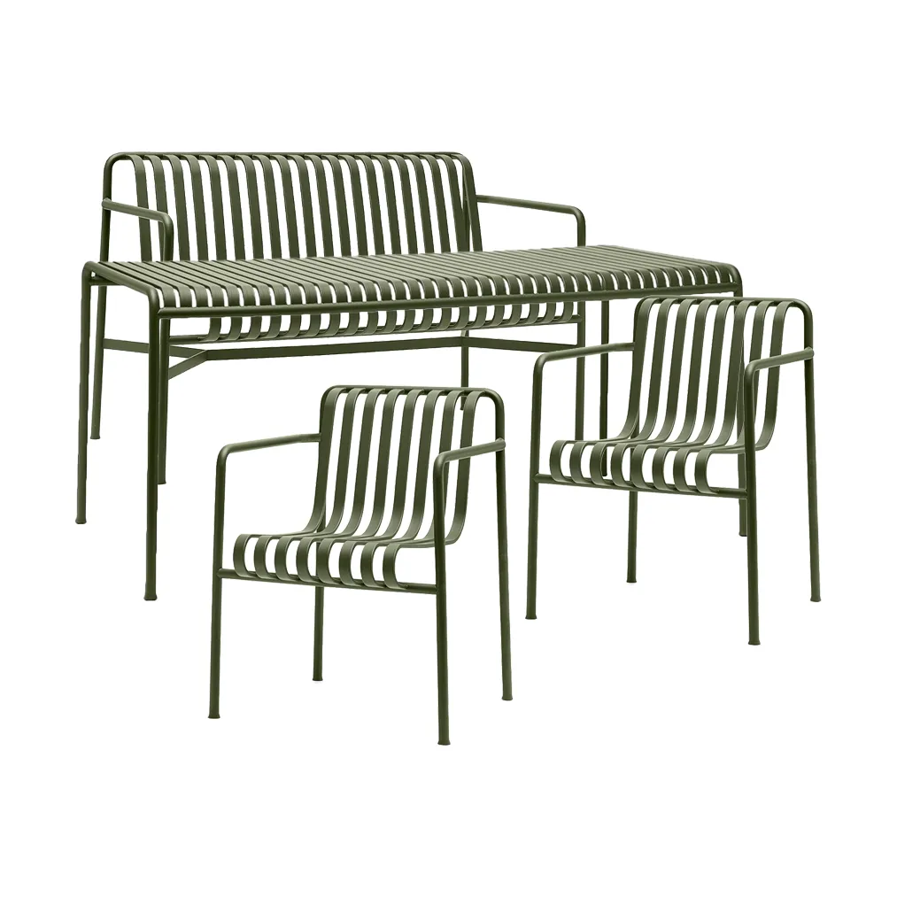 Gruppo da pranzo Palissade con 2 Poltrona da pranzo + panca 170x90 cm oliva,  HAY