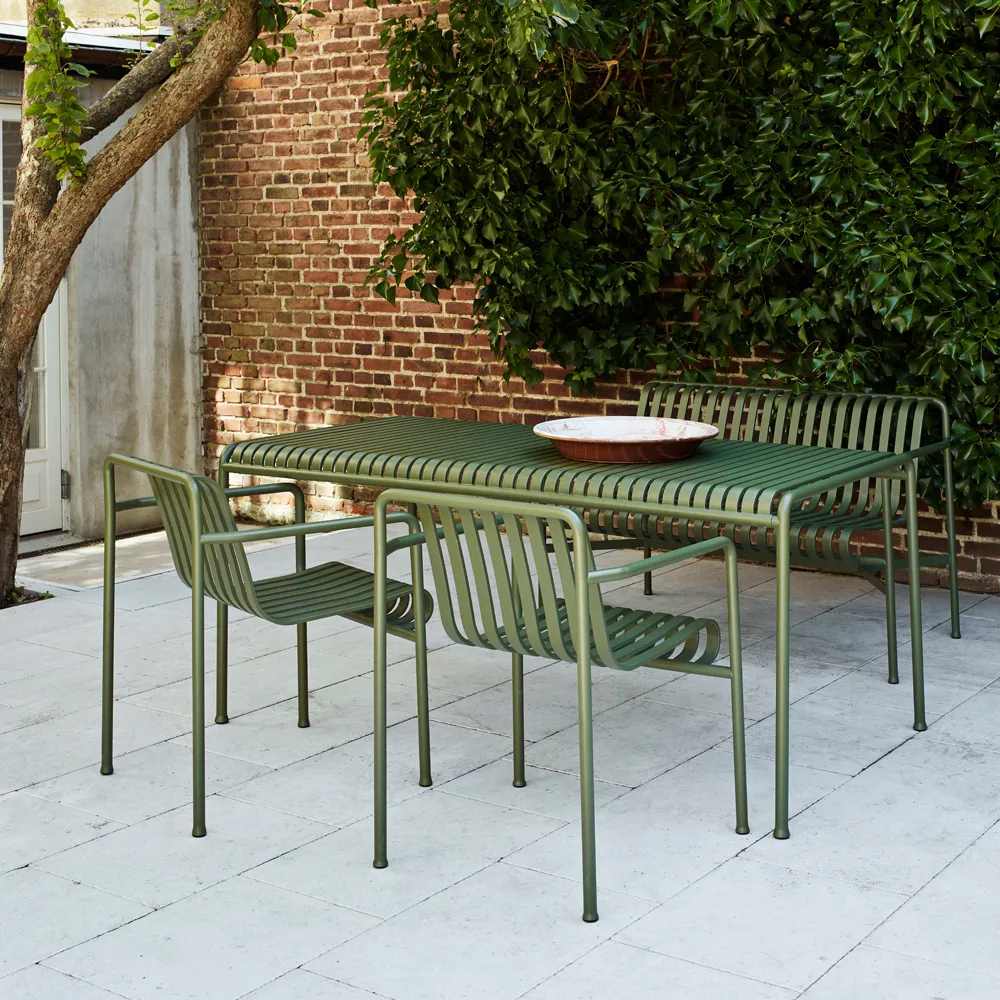 Gruppo da pranzo Palissade con 2 Poltrona da pranzo + panca 170x90 cm oliva,  HAY