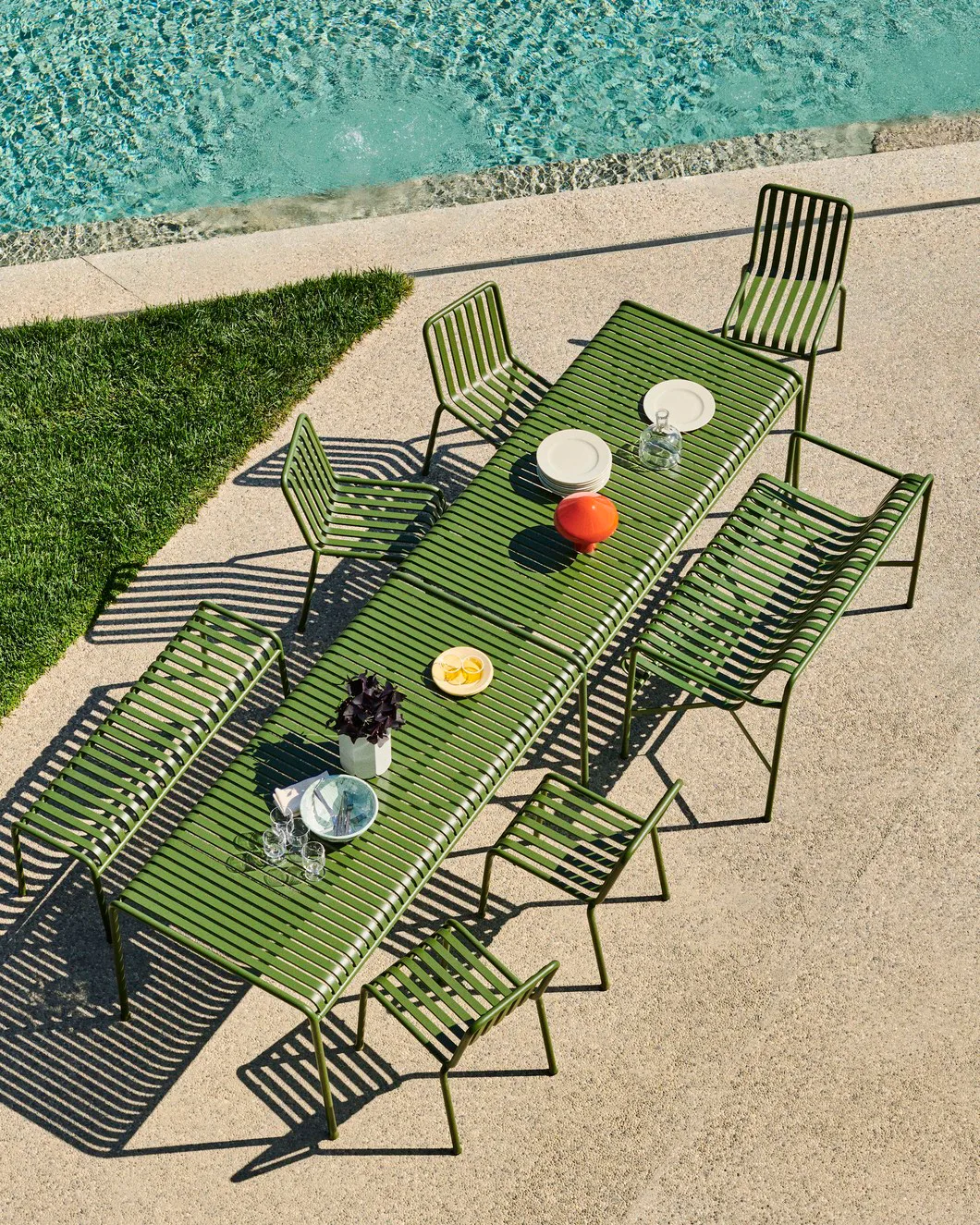 Gruppo da pranzo Palissade con 6 sedie 170x90 cm oliva HAY