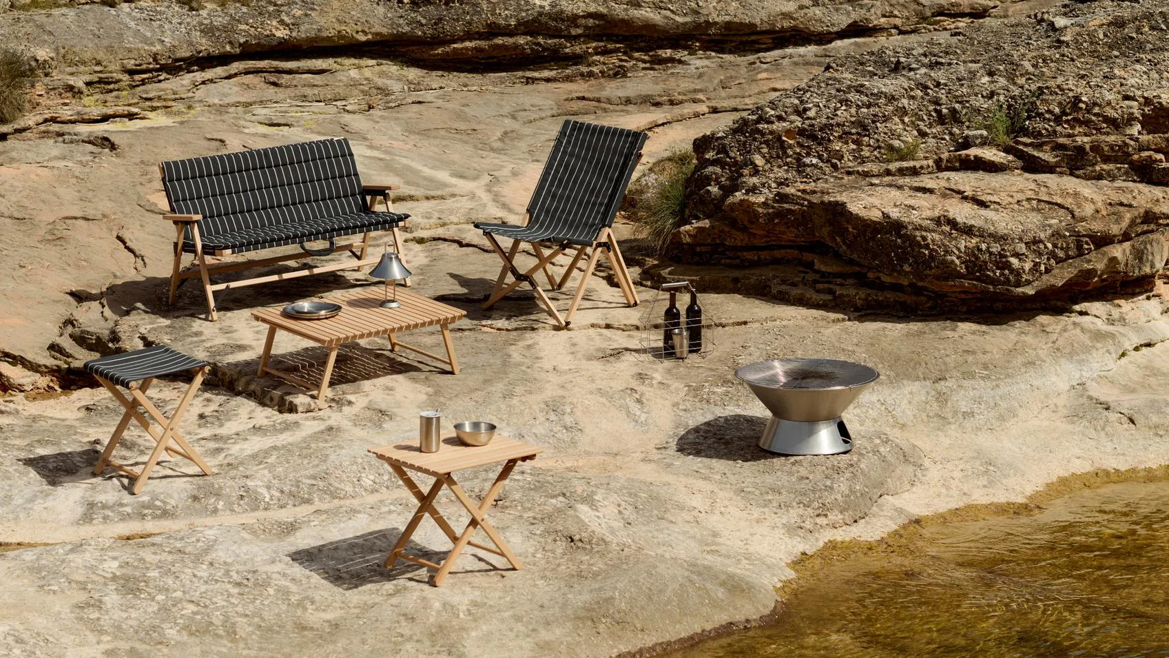 Outdoor Market divano pieghevole, Black-beige, 2 posti HAY