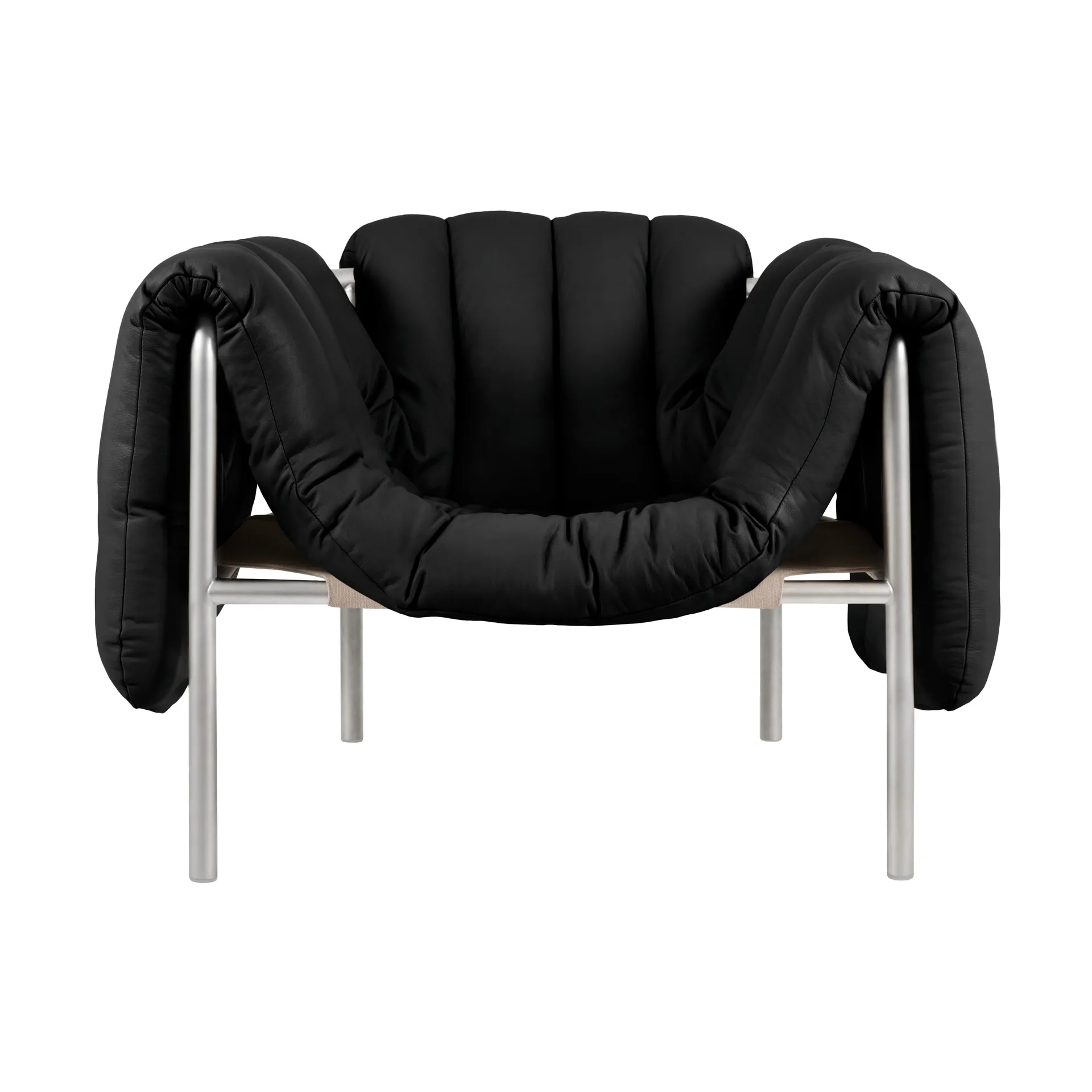 Poltrona lounge Puffy, Black leather-acciaio inossidabile Hem
