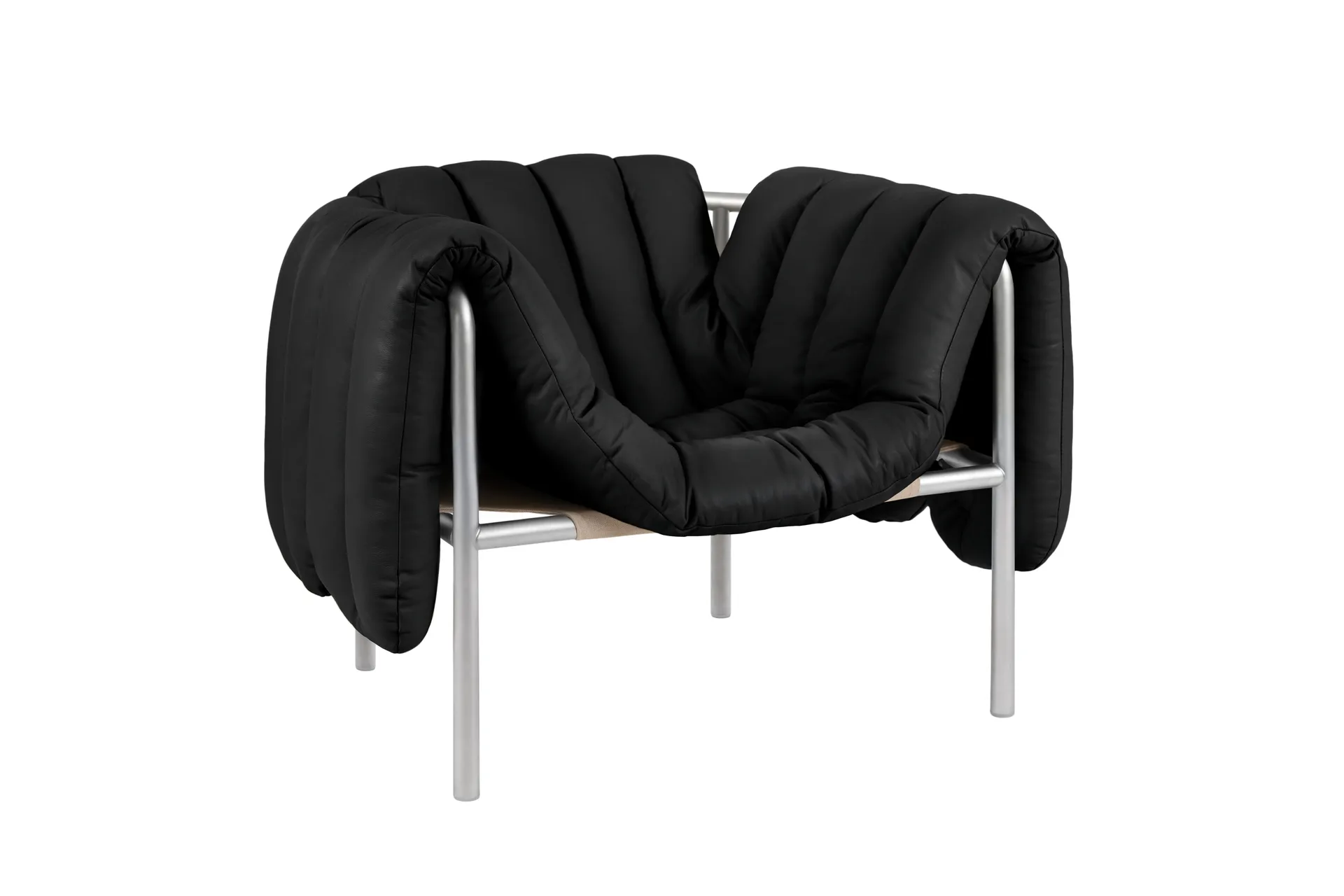 Poltrona lounge Puffy, Black leather-acciaio inossidabile Hem