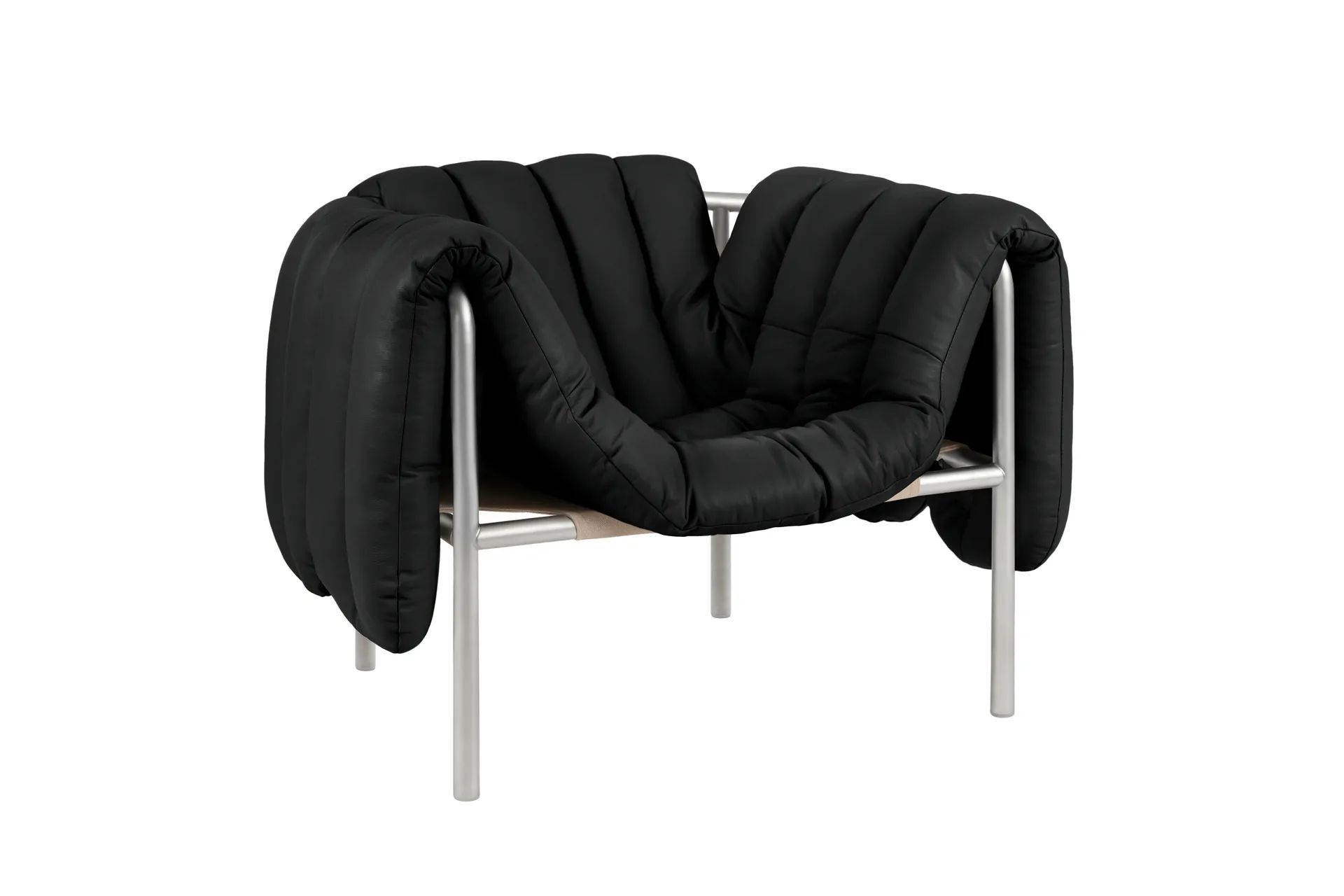 Poltrona lounge Puffy, Black leather-acciaio inossidabile Hem