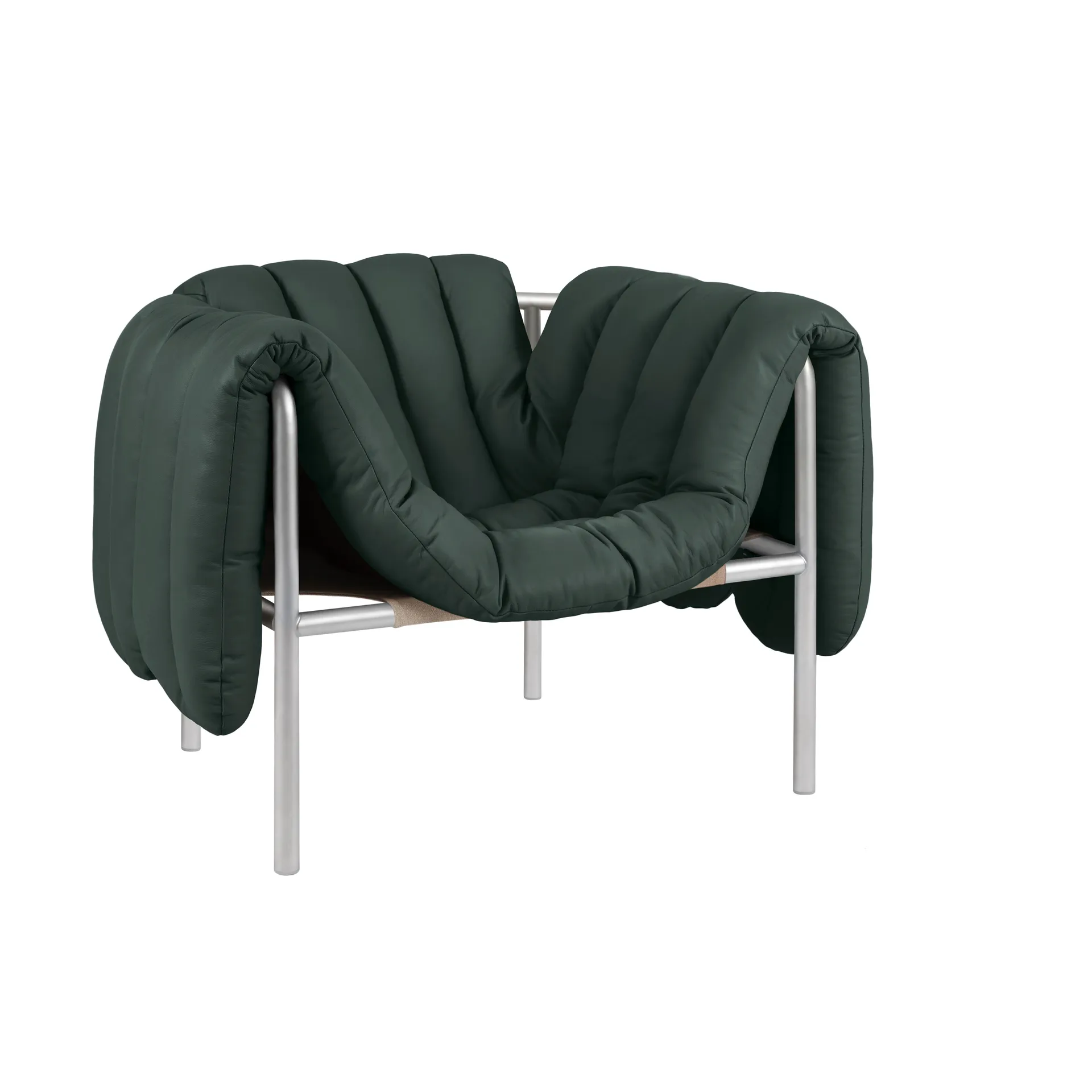 Poltrona lounge Puffy, Dark green leather-acciaio inossidabile Hem