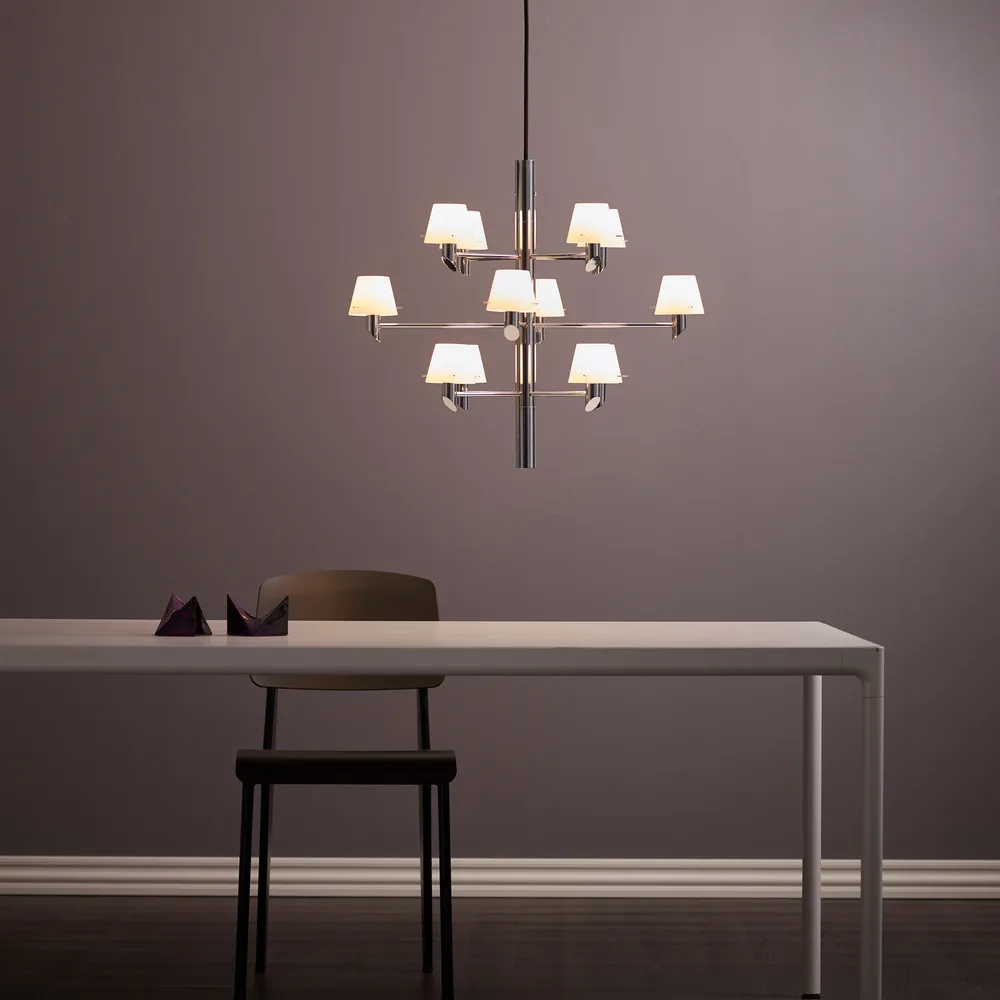 Gil corona 12 lampadario, Cromo-vetro opalino Herstal